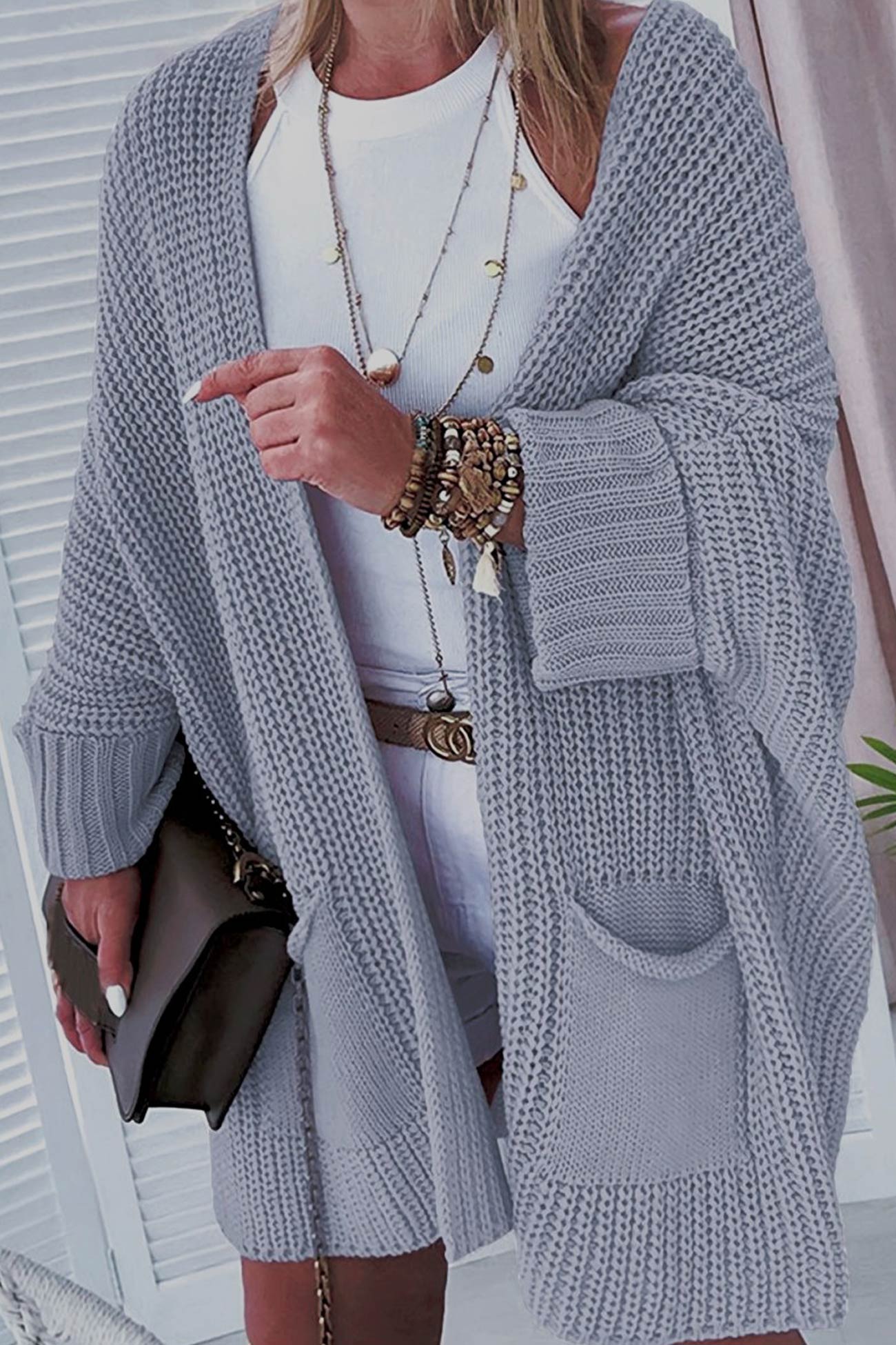 Solid Color Bat Sleeve Open Front Cardigan