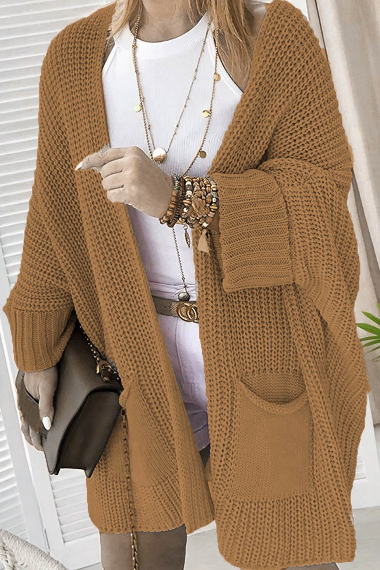 Solid Color Bat Sleeve Open Front Cardigan