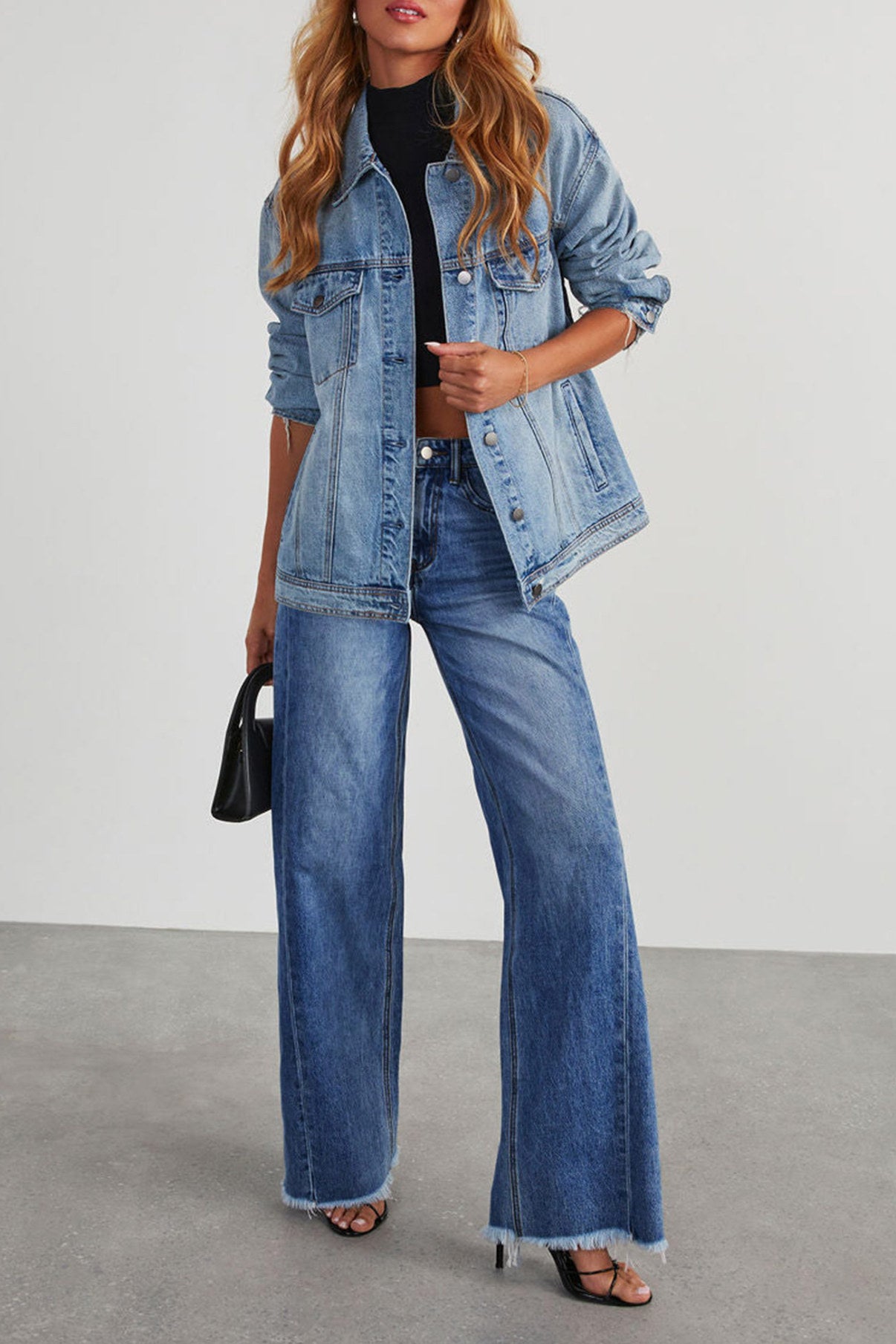 Long Sleeve Denim Jacket Wide Leg Jeans Set