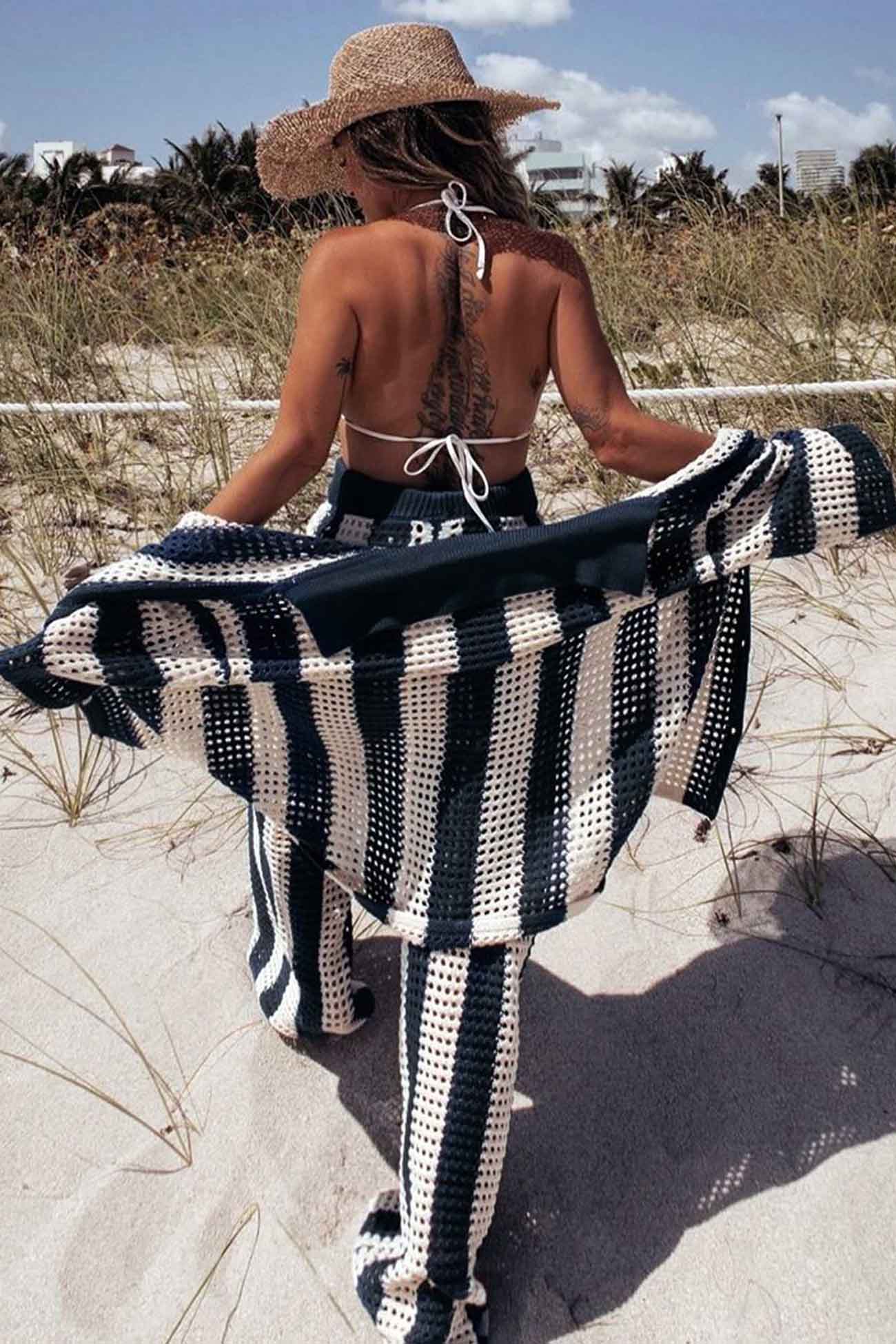 Contrast Stripe Hollow Long Pants Set
