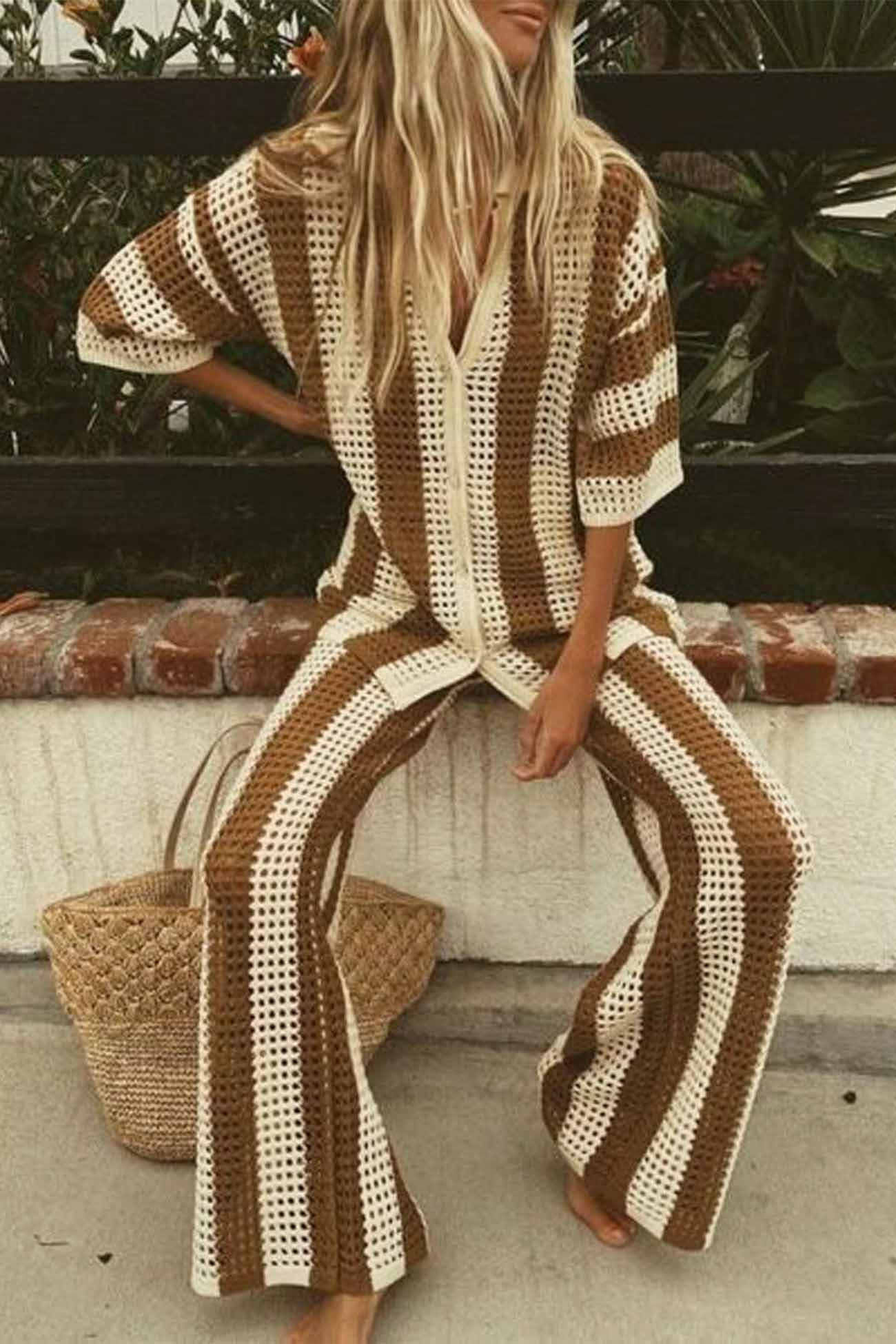 Contrast Stripe Hollow Long Pants Set