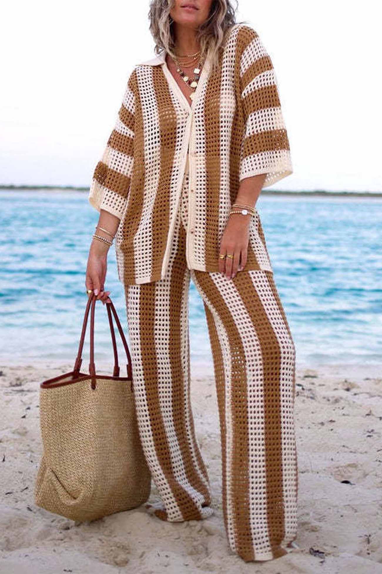Contrast Stripe Hollow Long Pants Set