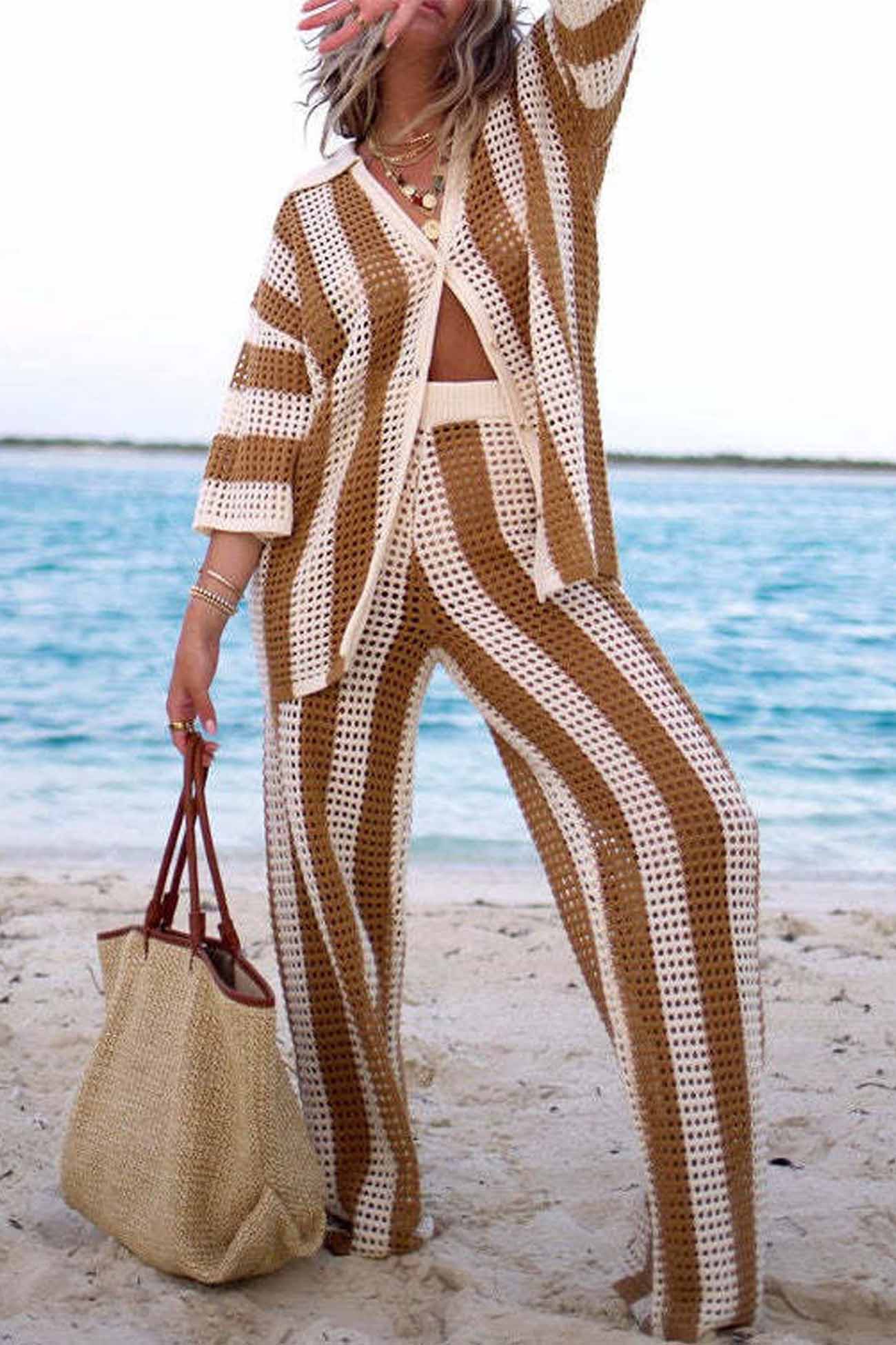Contrast Stripe Hollow Long Pants Set