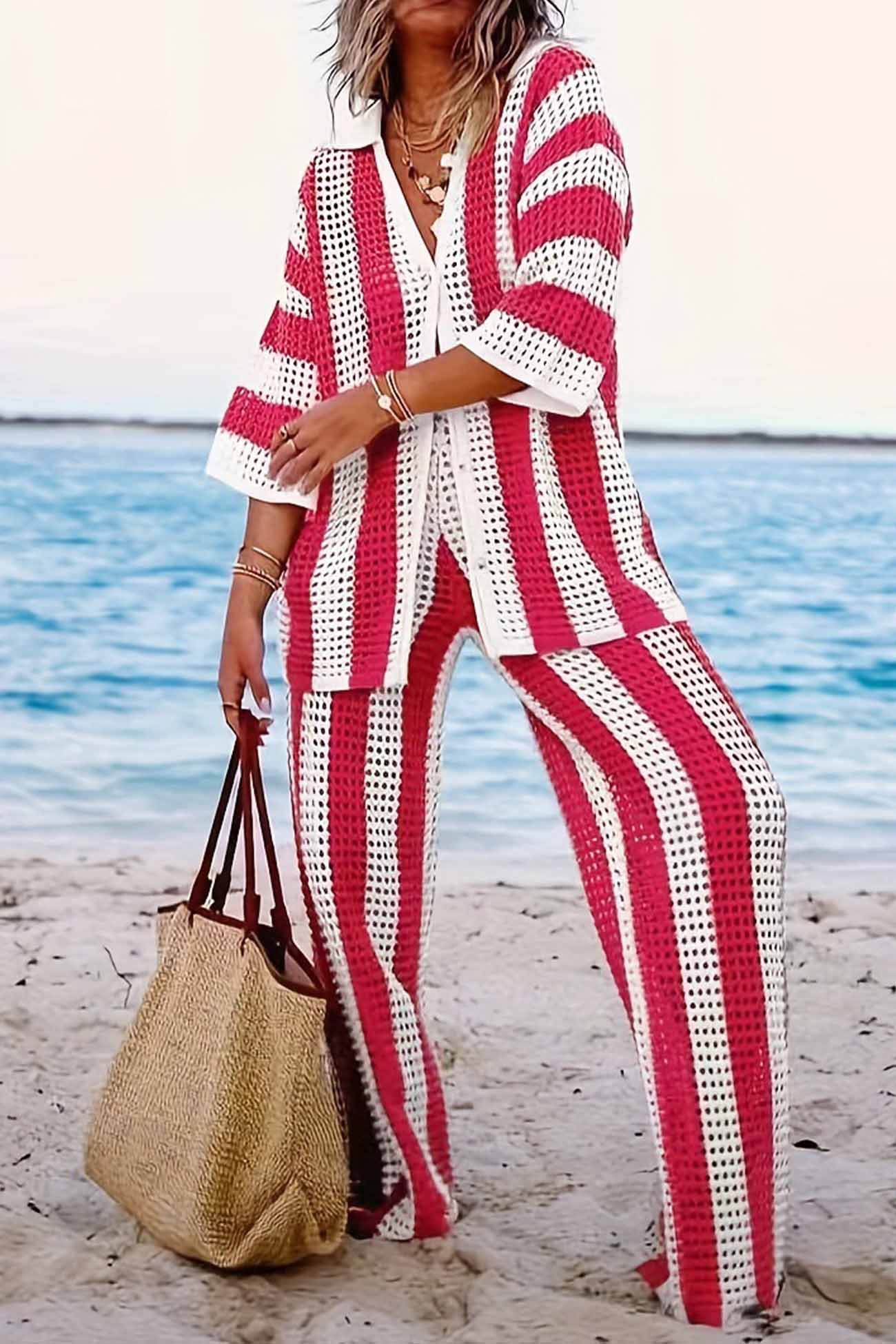 Contrast Stripe Hollow Long Pants Set