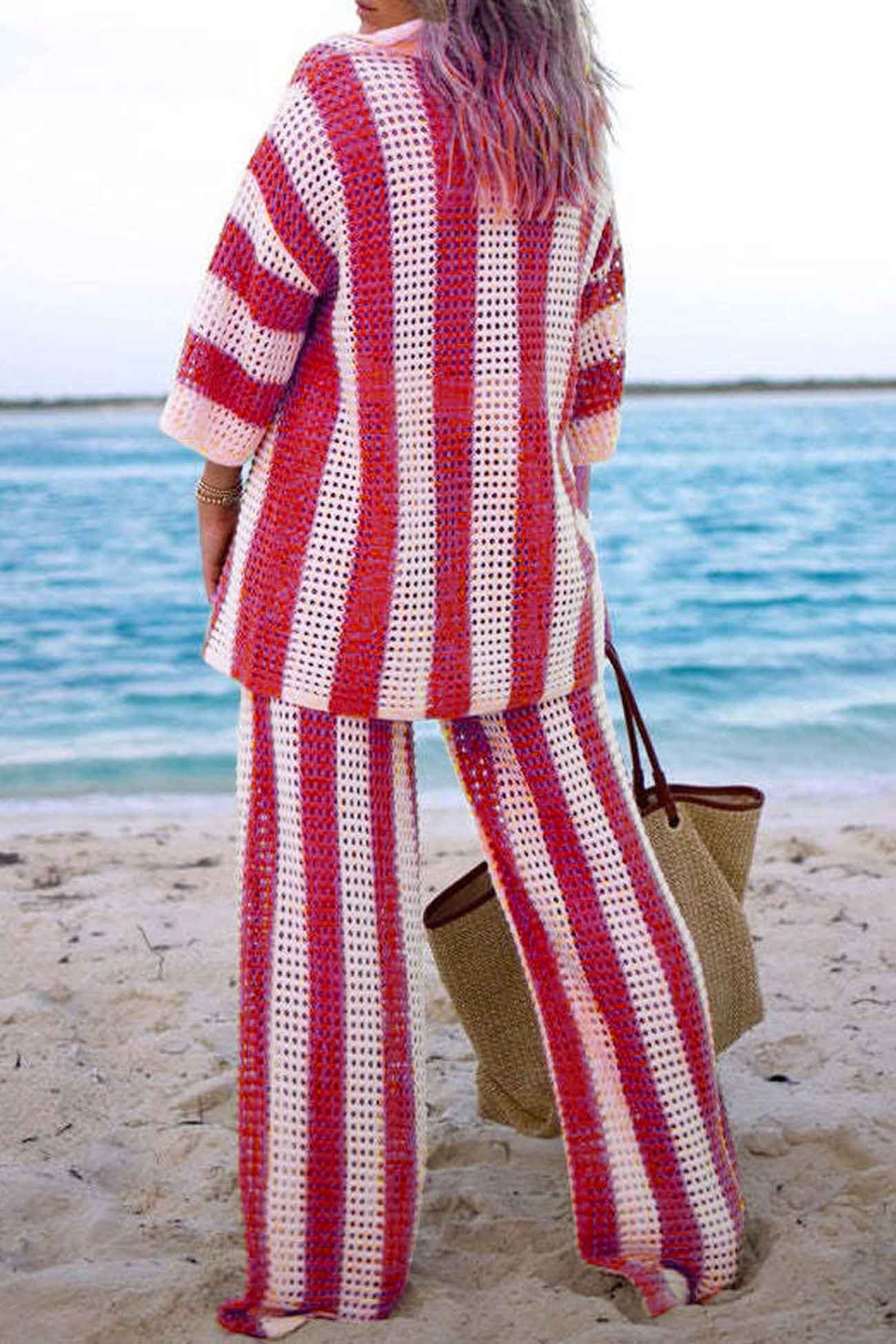 Contrast Stripe Hollow Long Pants Set