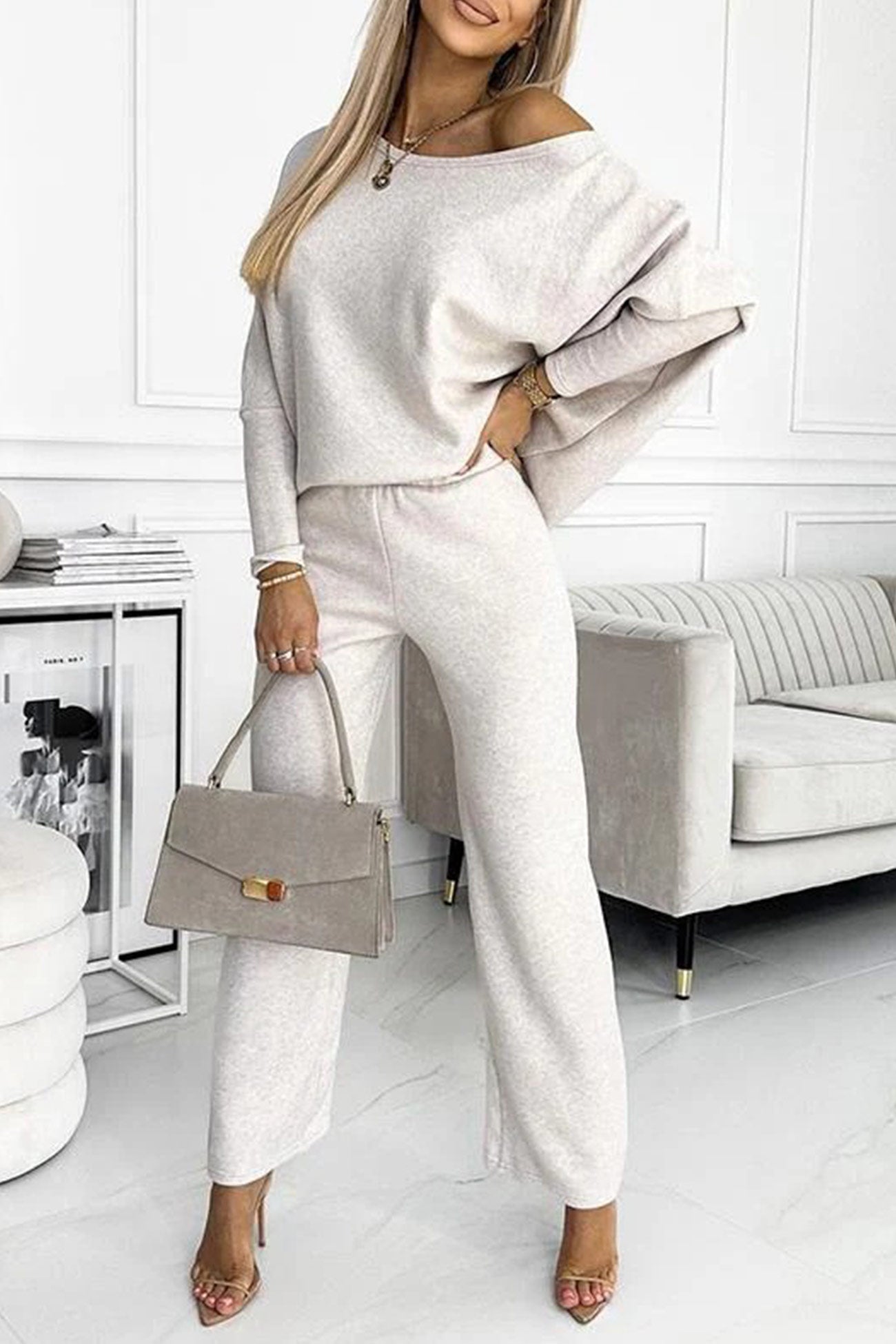 Solid Drop Shoulder Pullover Pants Set