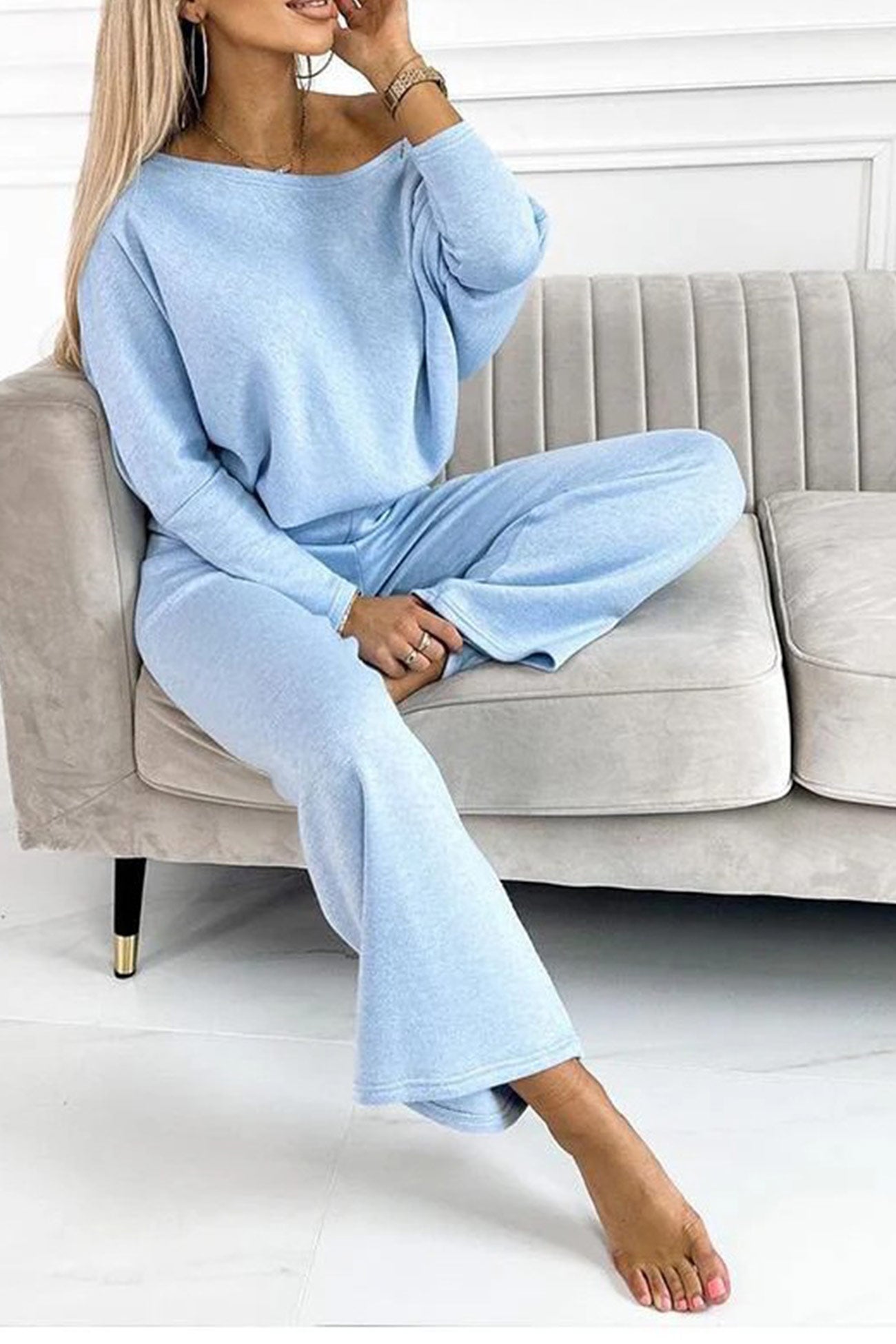 Solid Drop Shoulder Pullover Pants Set