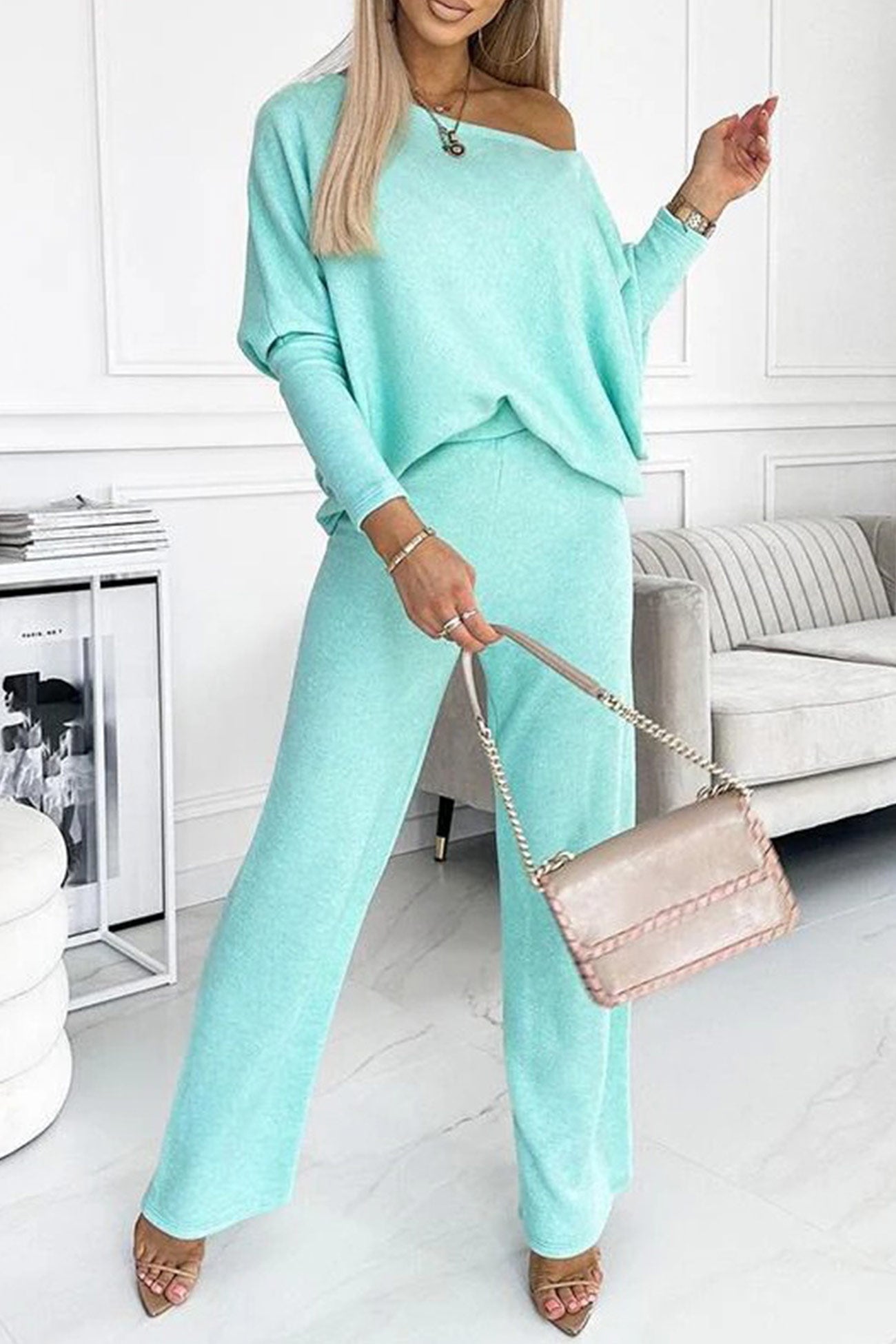 Solid Drop Shoulder Pullover Pants Set