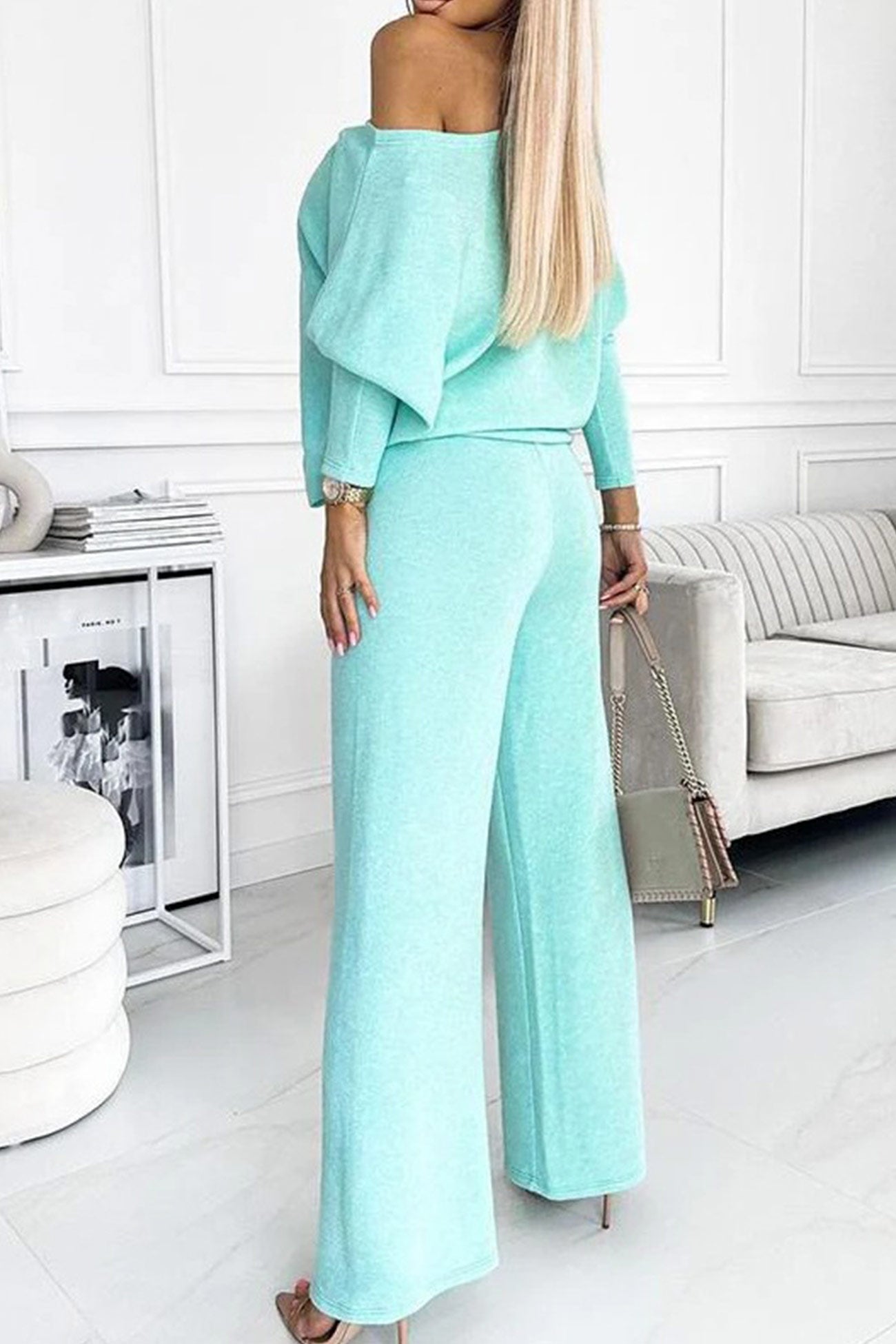 Solid Drop Shoulder Pullover Pants Set