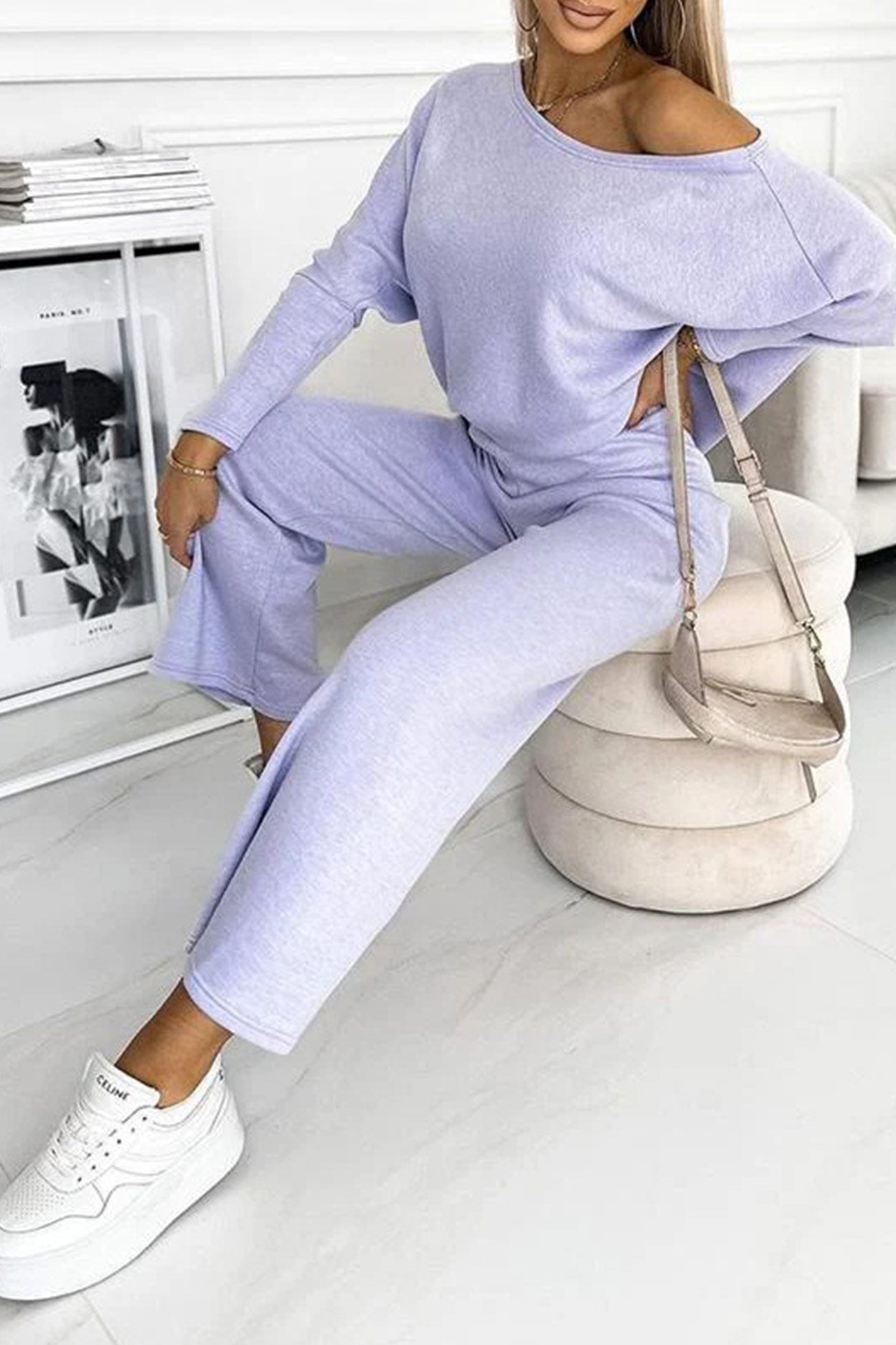 Solid Drop Shoulder Pullover Pants Set