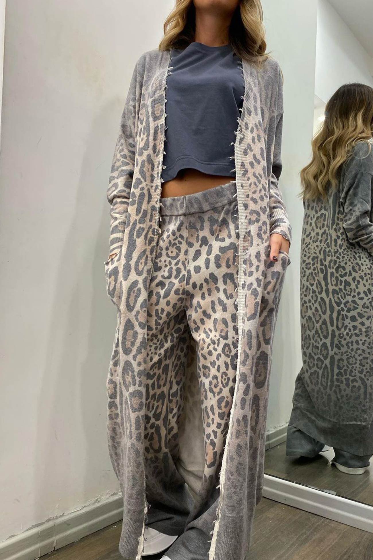 Leopard Print Long Cardigan Two Piece Pants Suits