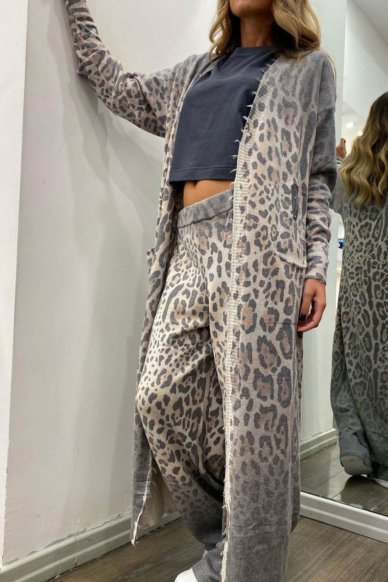Leopard Print Long Cardigan Two Piece Pants Suits