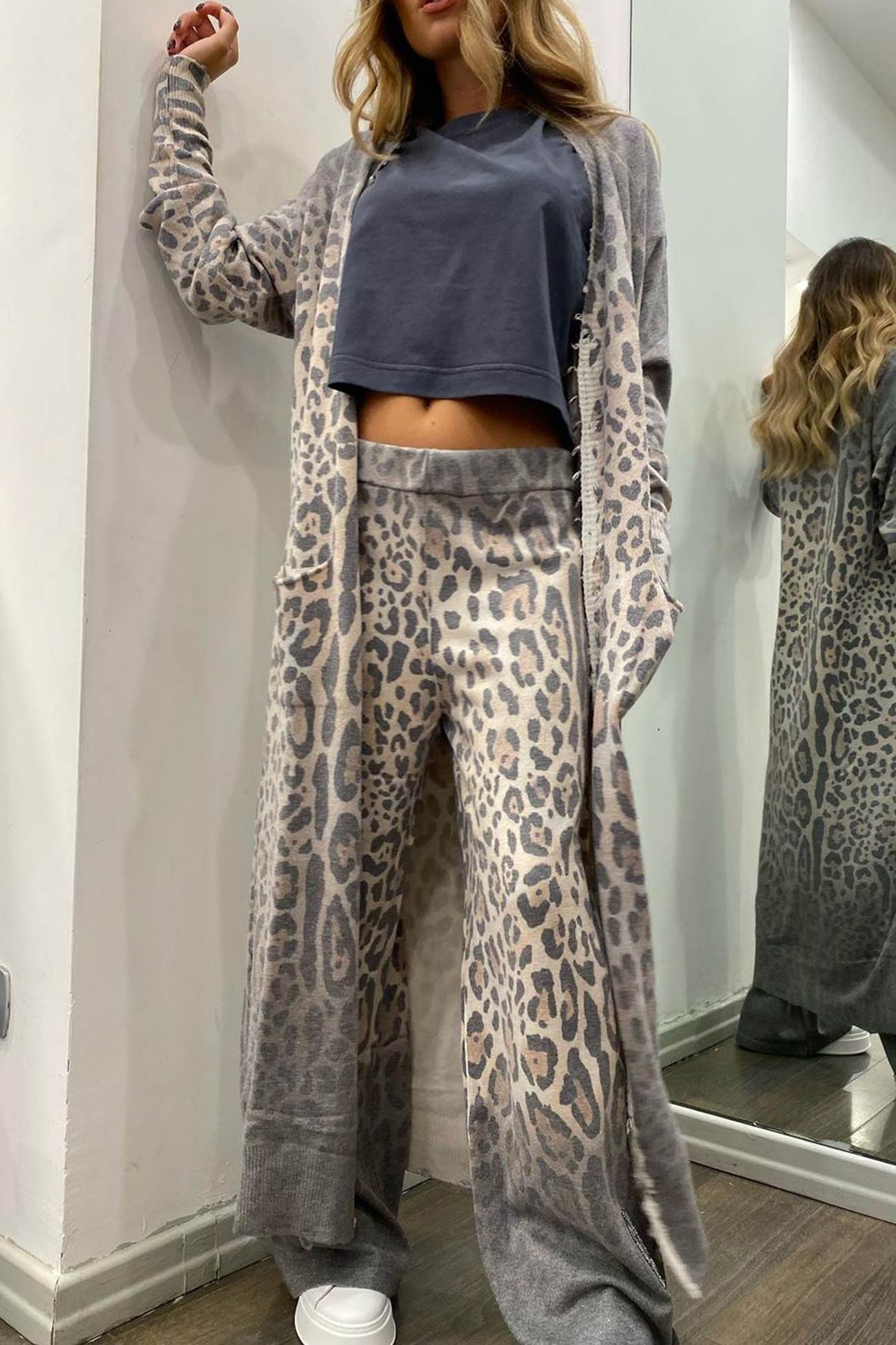 Leopard Print Long Cardigan Two Piece Pants Suits