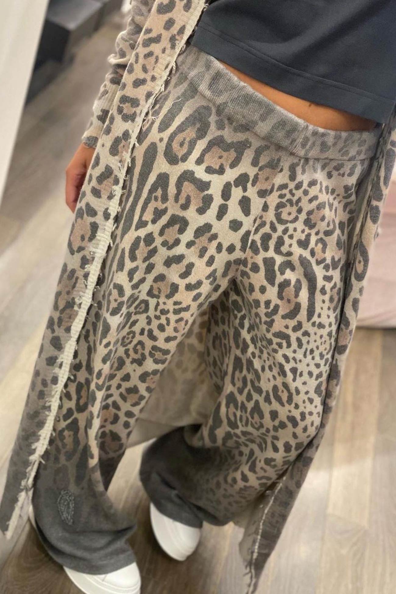 Leopard Print Long Cardigan Two Piece Pants Suits