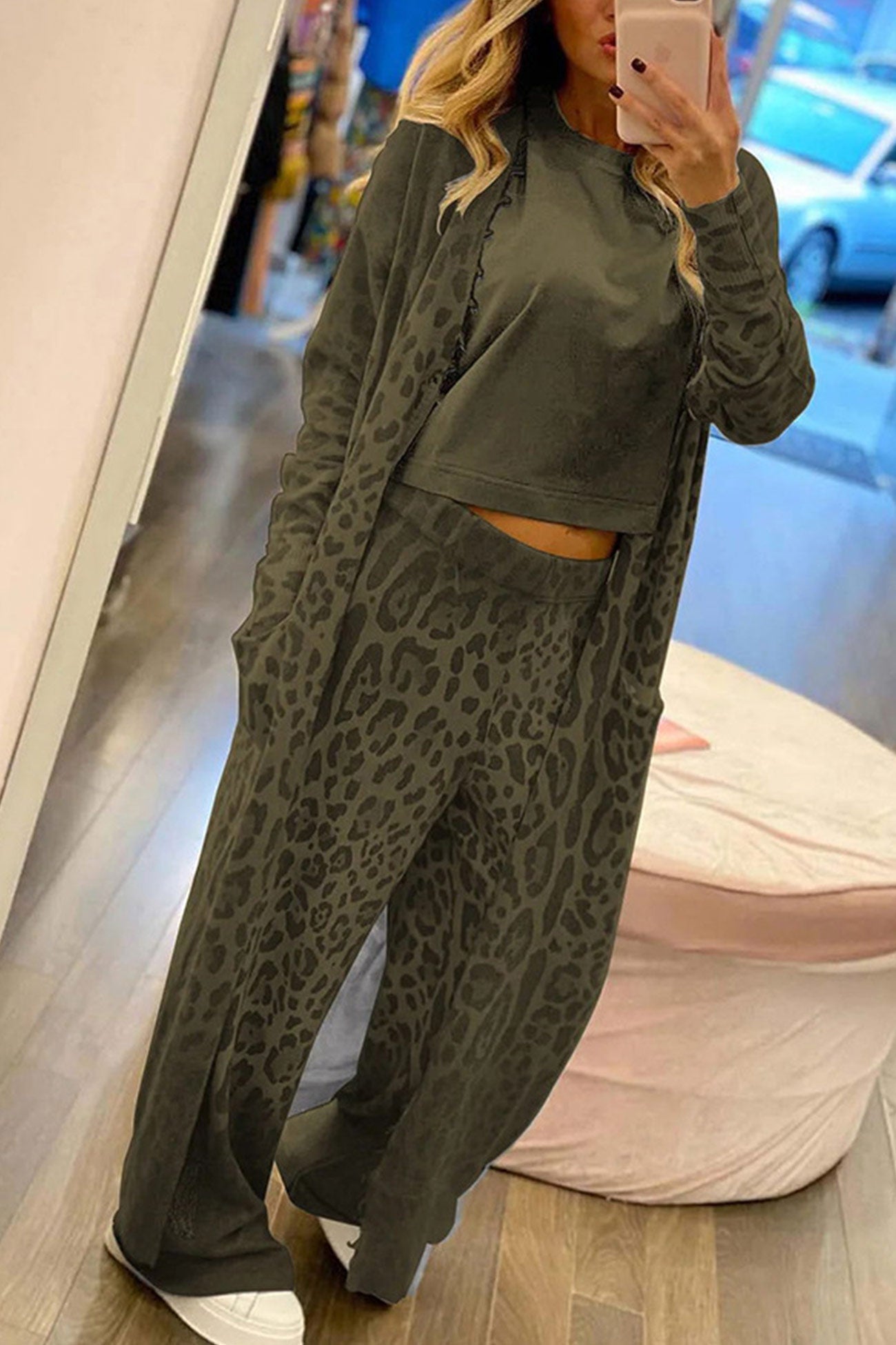 Leopard Print Long Cardigan Two Piece Pants Suits