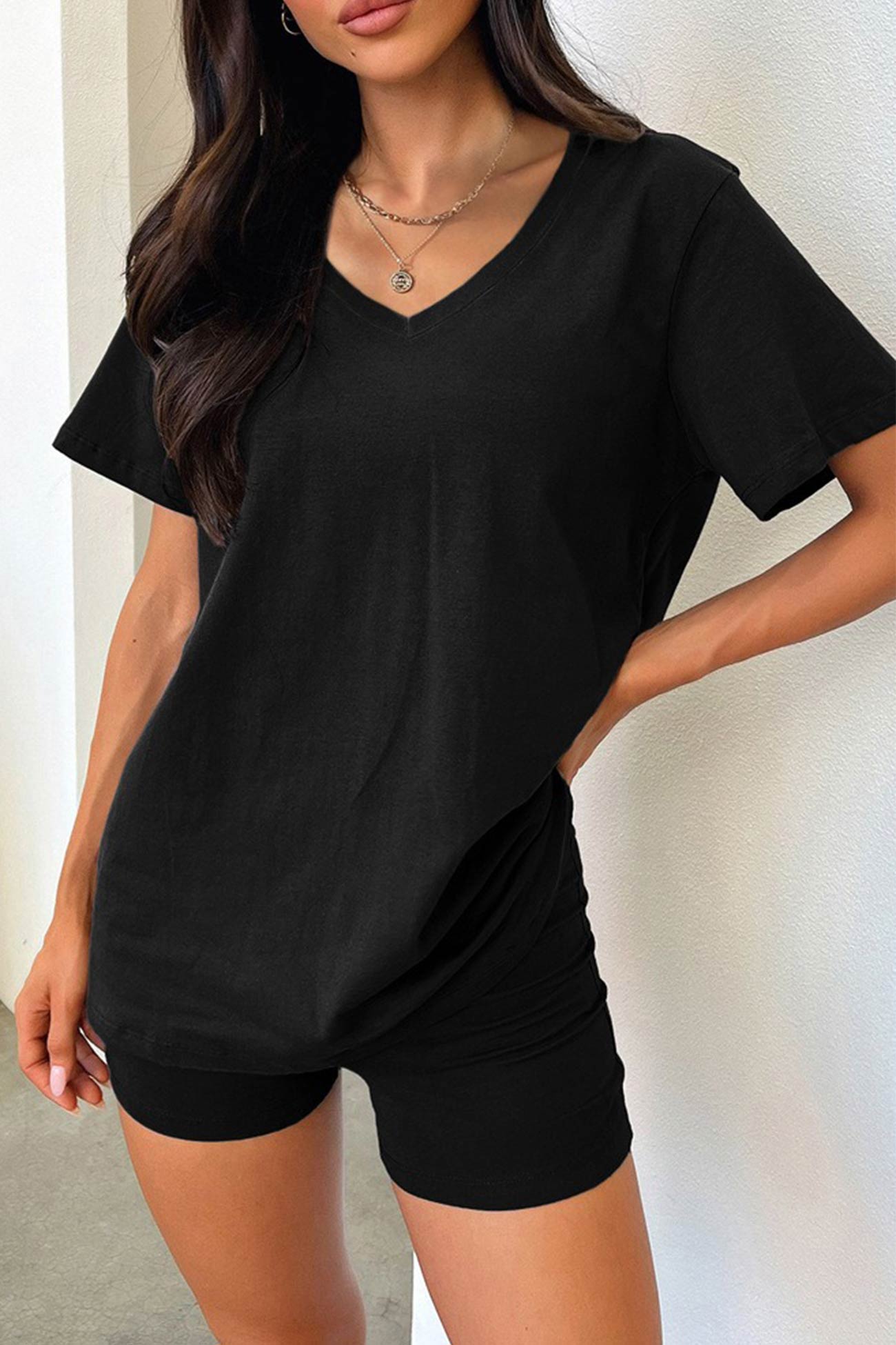 V Neck Short Sleeve T shirt Shorts Set