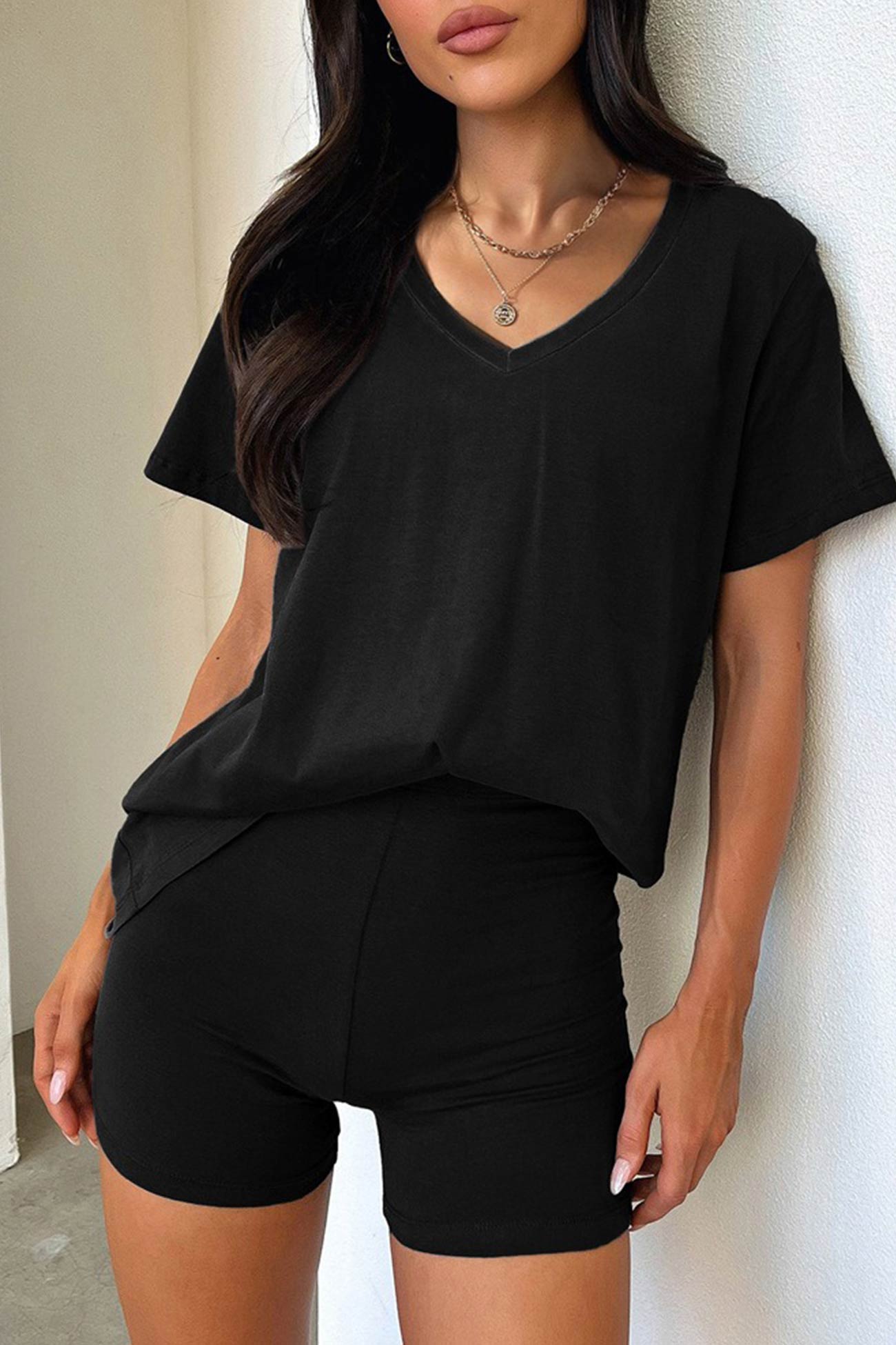 V Neck Short Sleeve T shirt Shorts Set