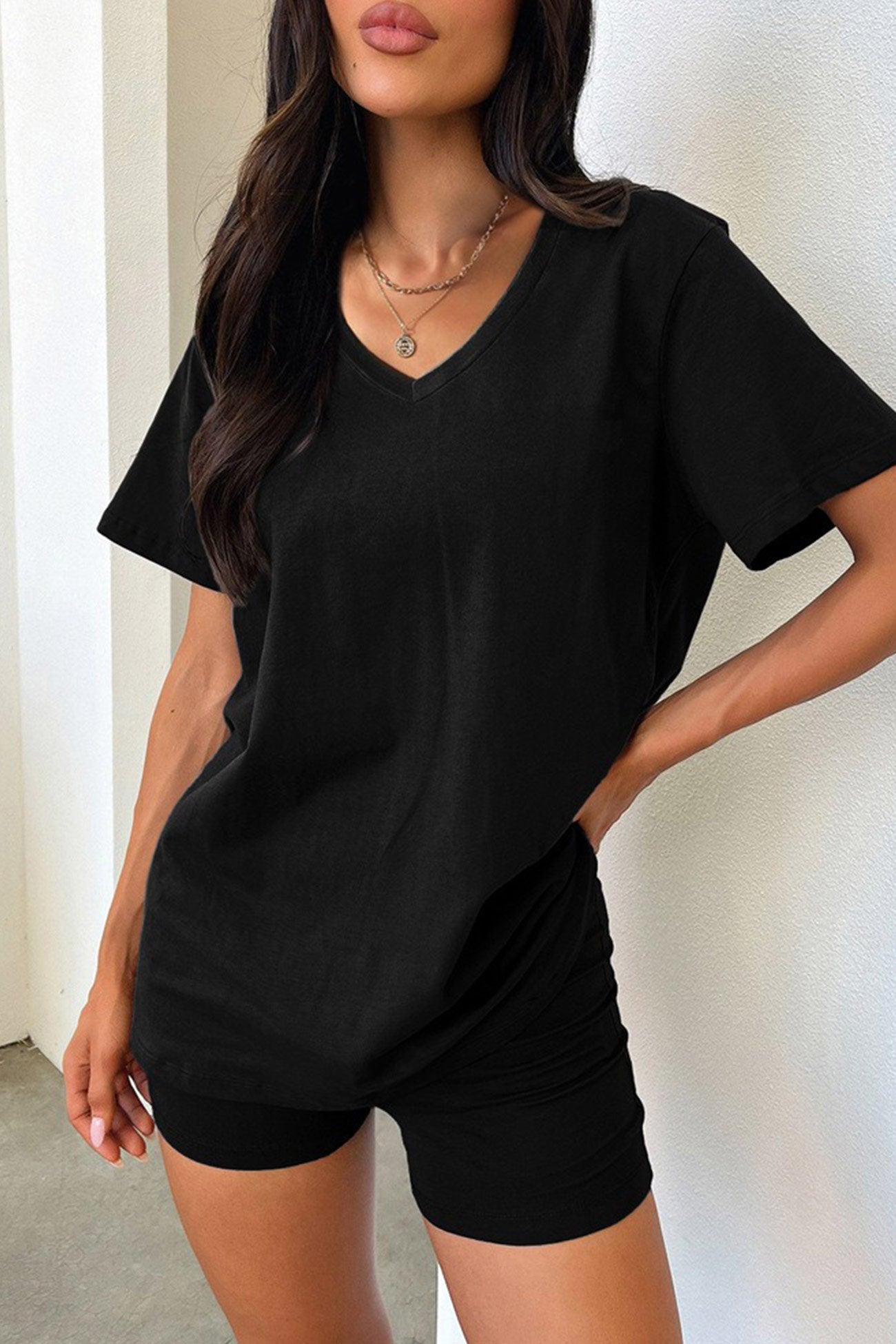 V Neck Short Sleeve T shirt Shorts Set
