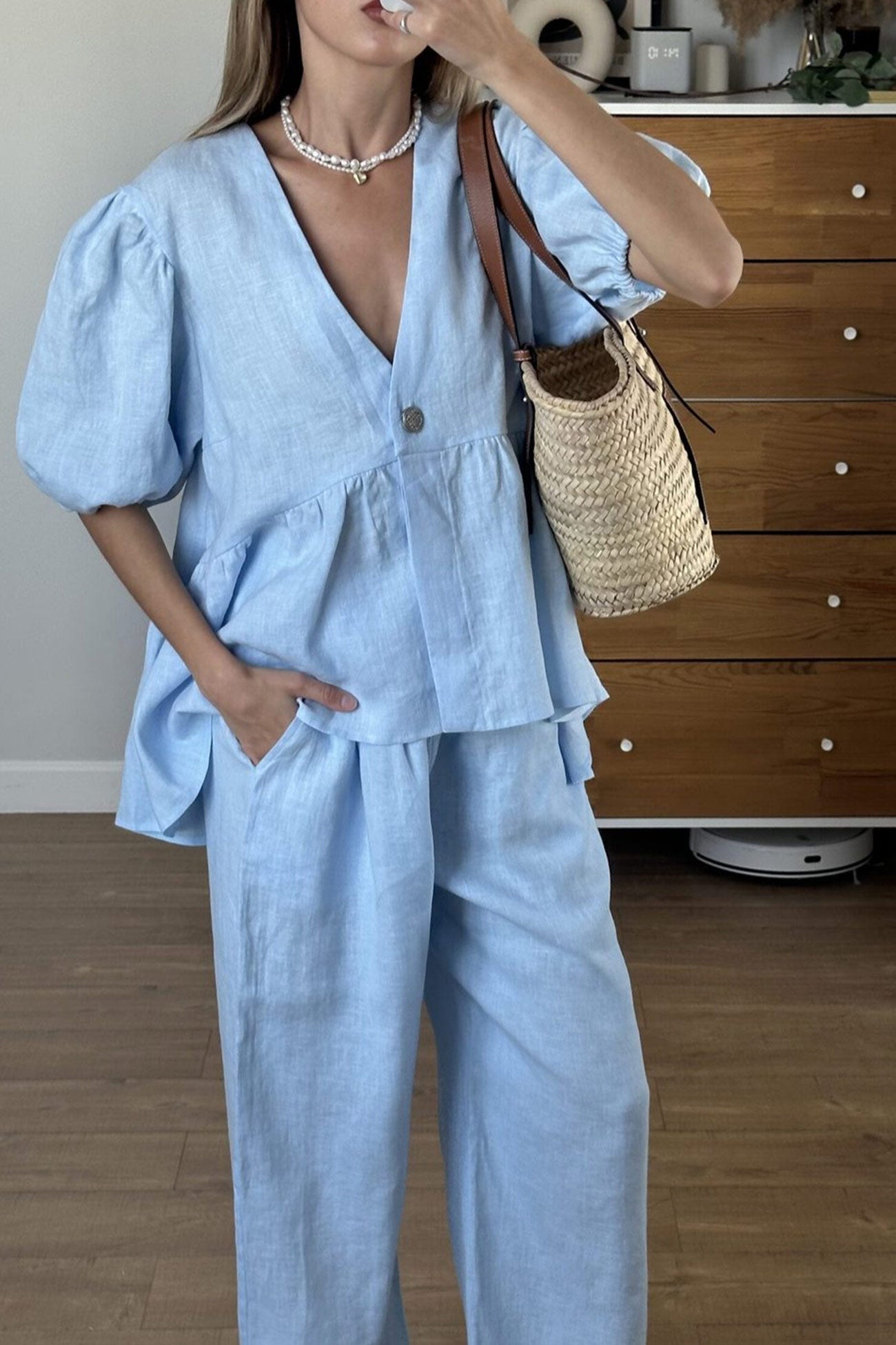 Puff Sleeve V Neck Cotton Sweet Shirt Set