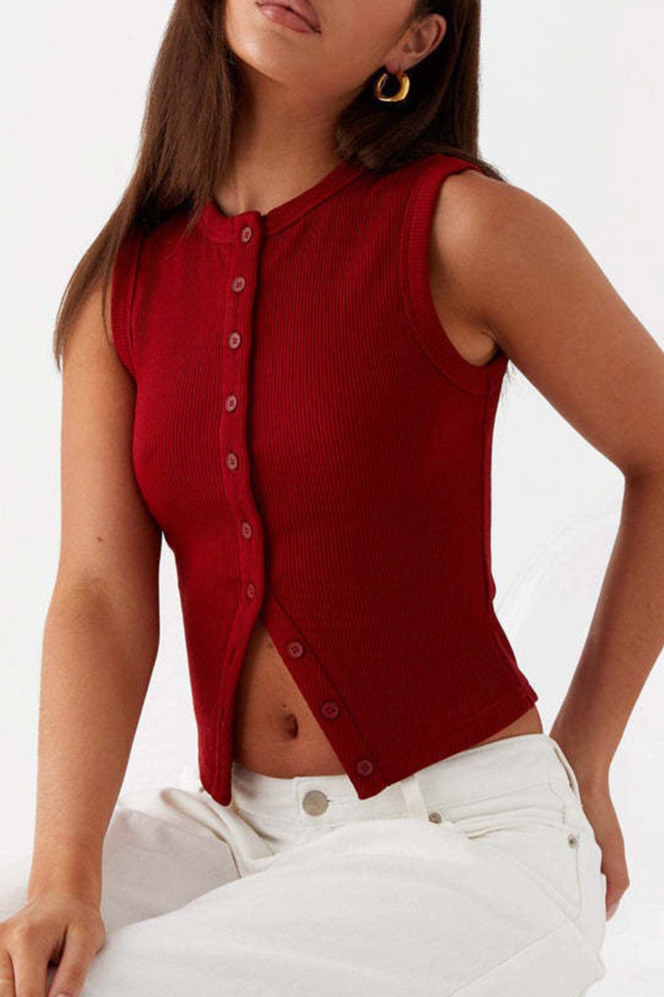 Solid Color Button down Knit Tank Top
