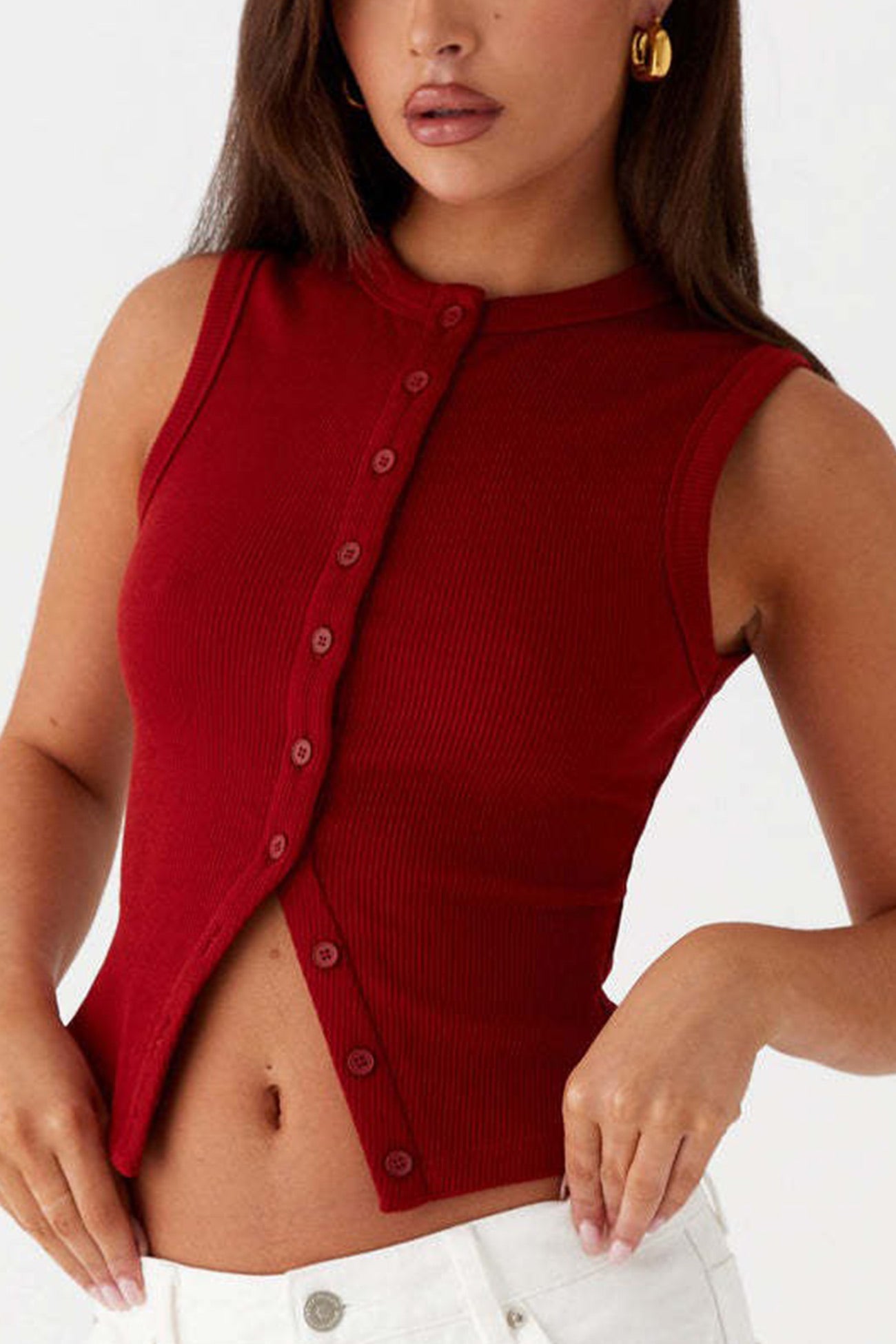 Solid Color Button down Knit Tank Top