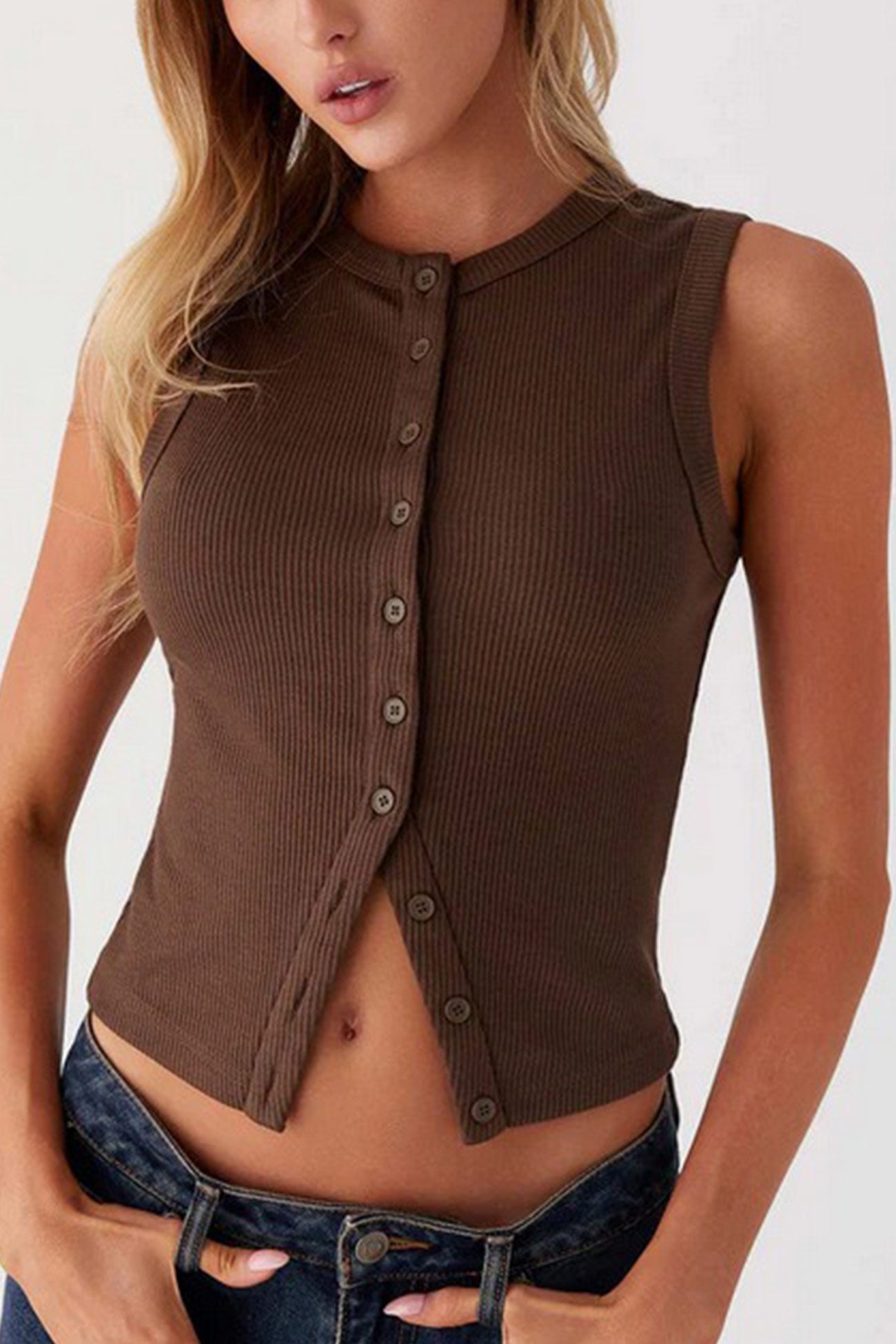 Solid Color Button down Knit Tank Top