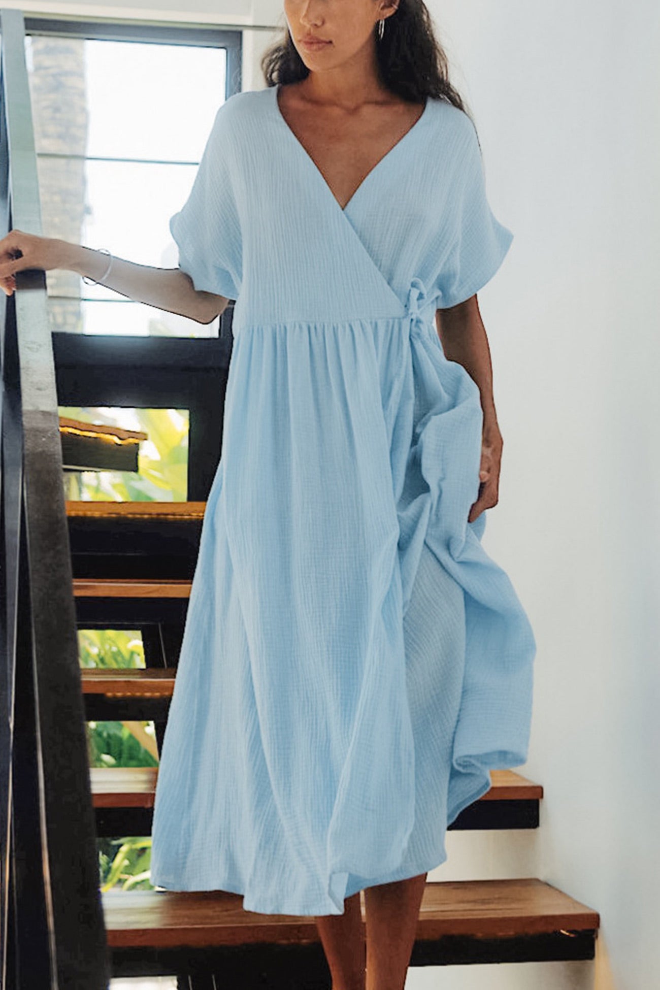 V Neck Tie up Slit A line Cotton Dress