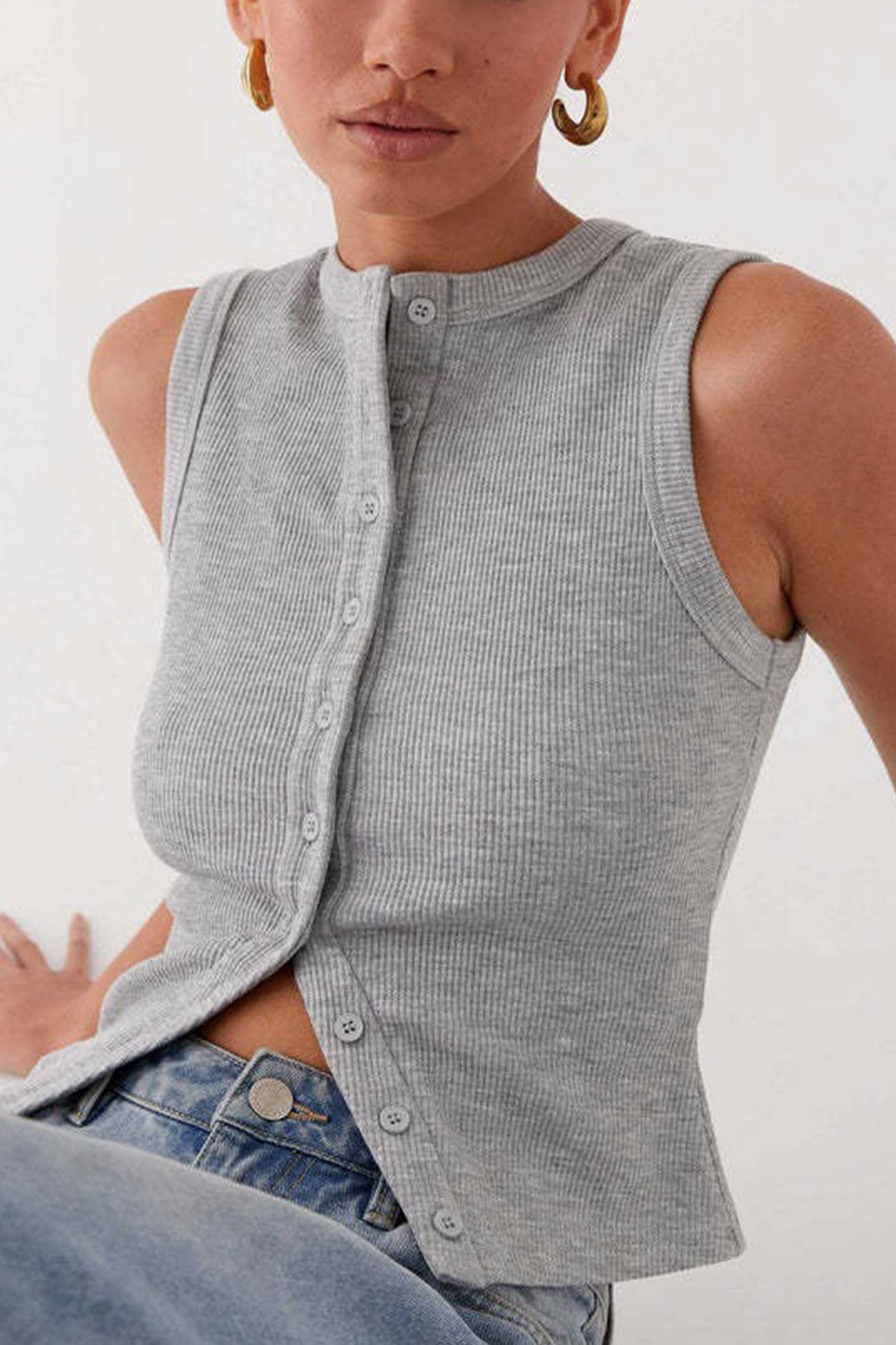 Solid Color Button down Knit Tank Top