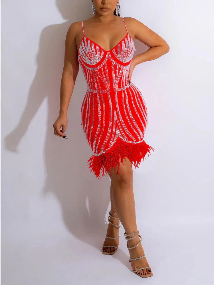 Rhinestone Feather Wrap Dress