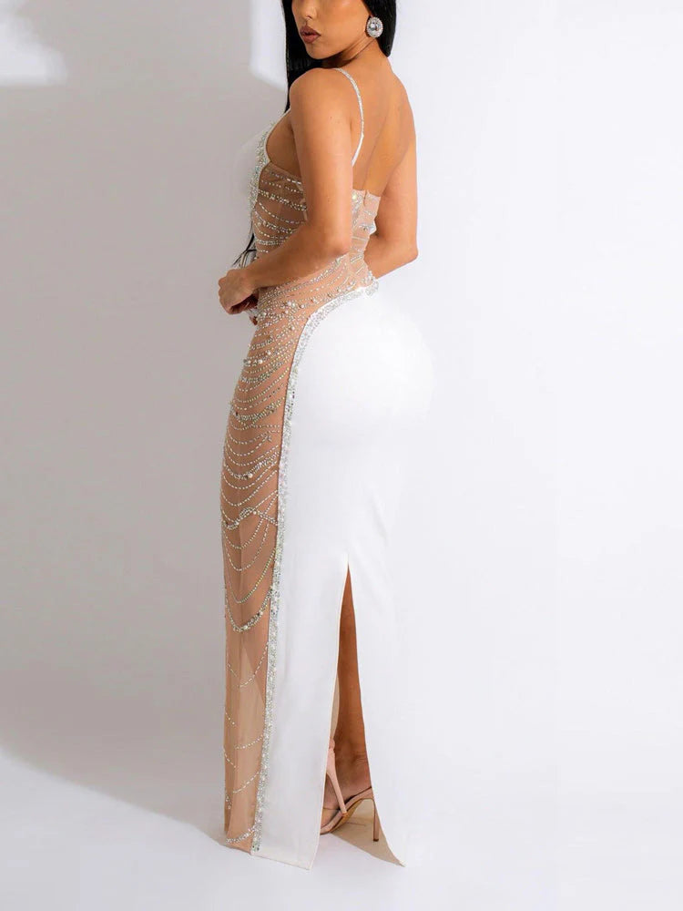 Rhinestone Pearls Mesh Asymmetrical Dress