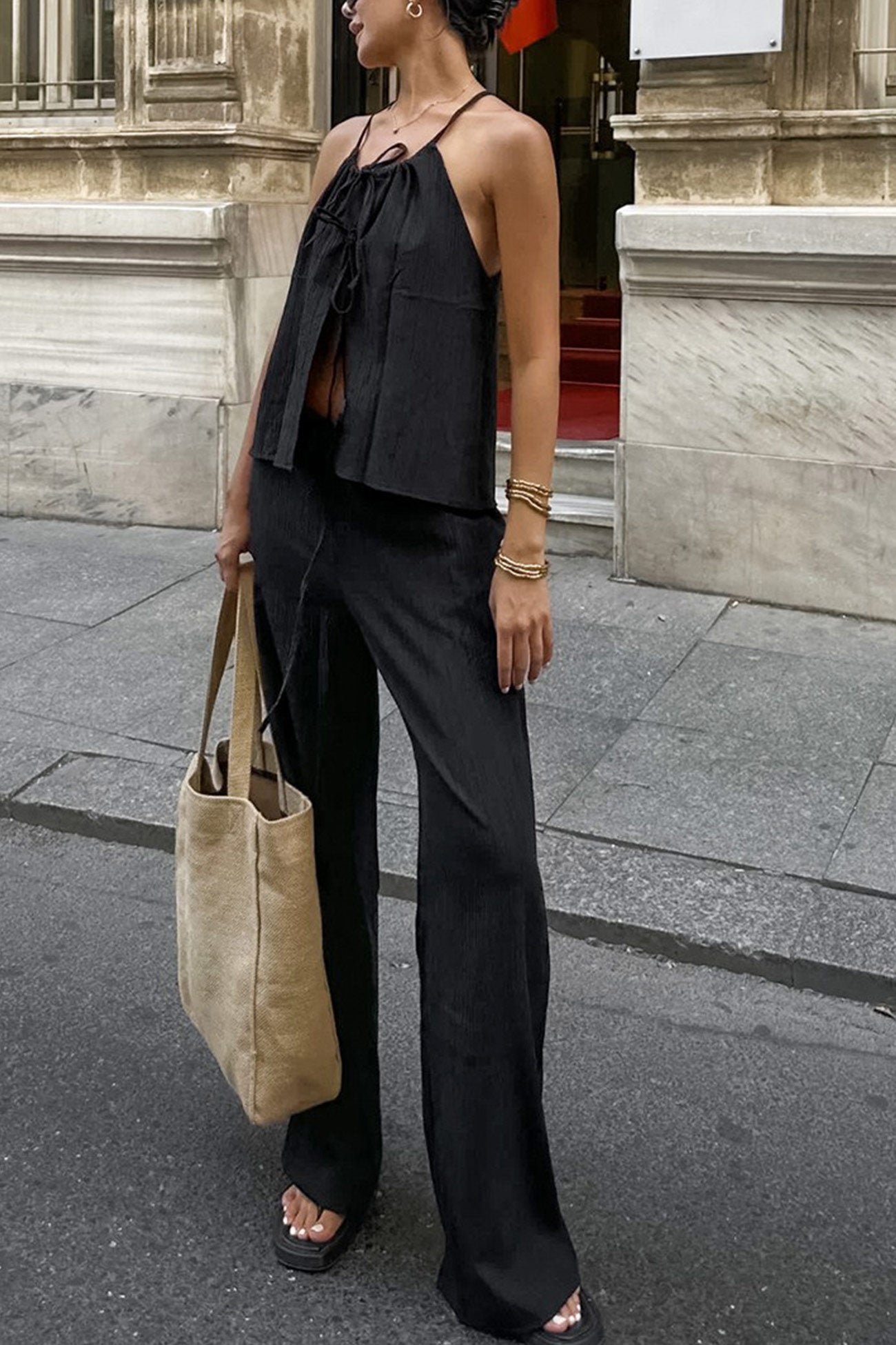 Tie up Vest Long Pants Set