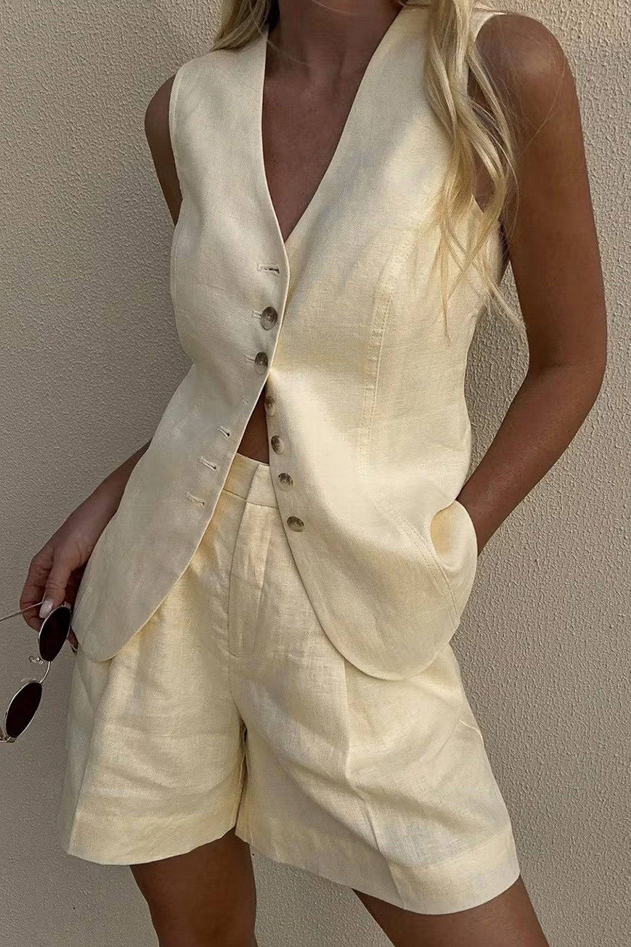 V Neck Button up Cotton Linen Vest Shorts Set