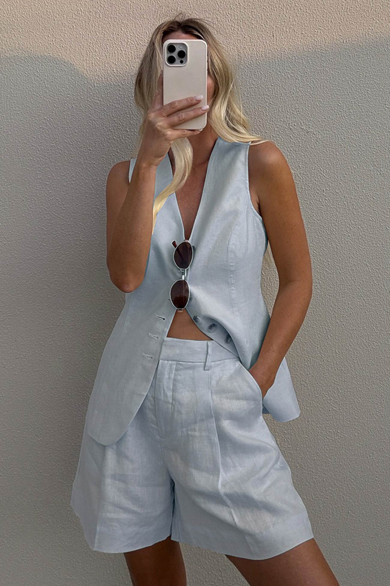 V Neck Button up Cotton Linen Vest Shorts Set
