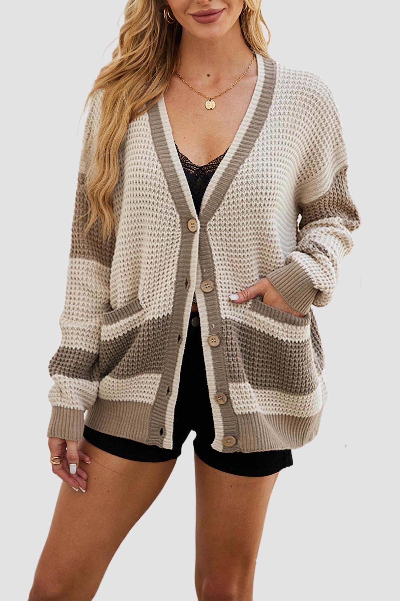 Color Splicing Button Down Cardigan