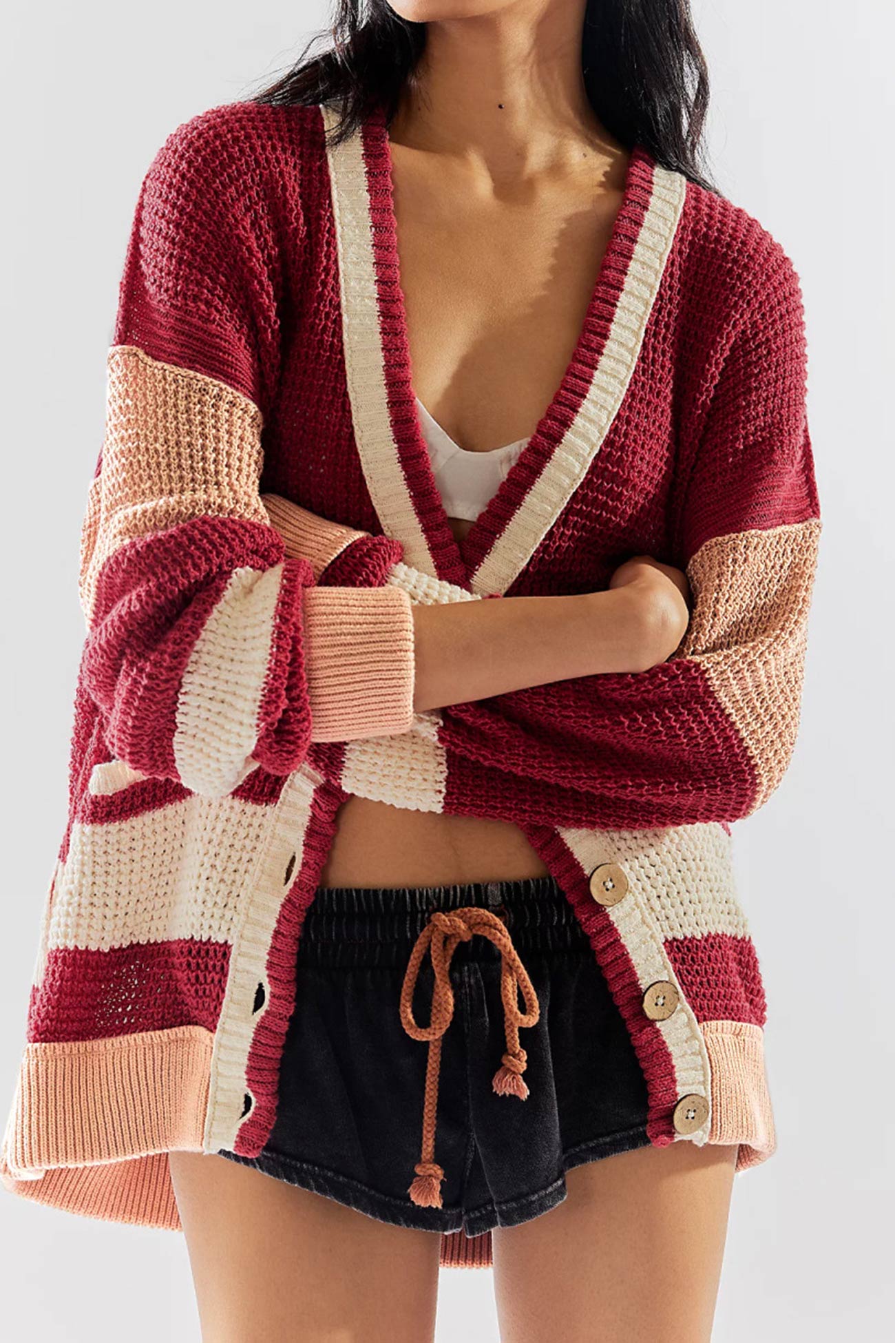 Color Splicing Button Down Cardigan