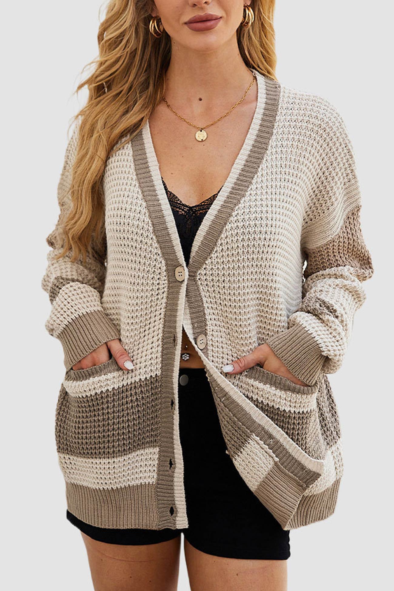 Color Splicing Button Down Cardigan