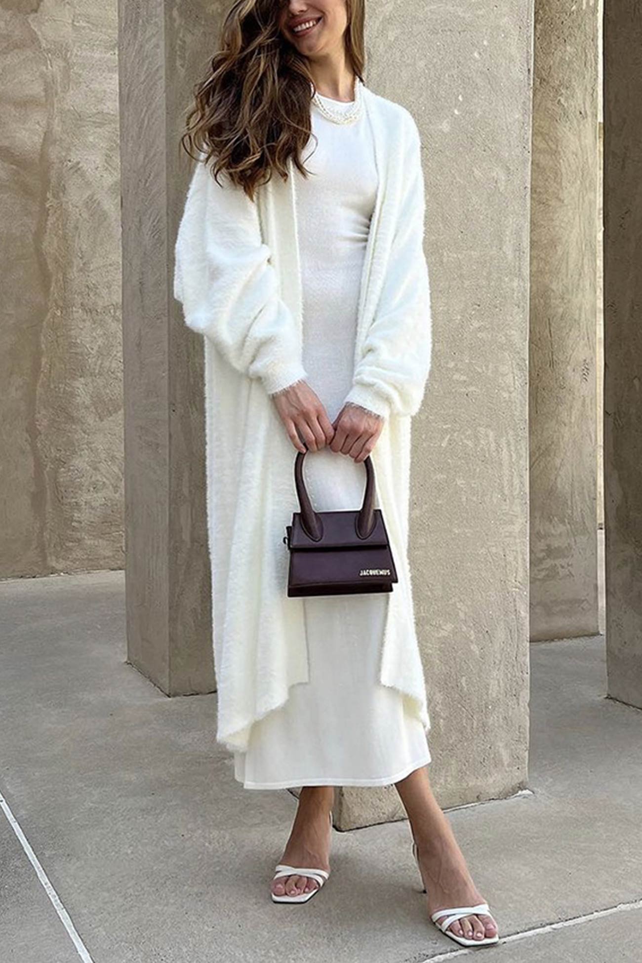 Solid Imitation Mink Tie Up Long Cardigan