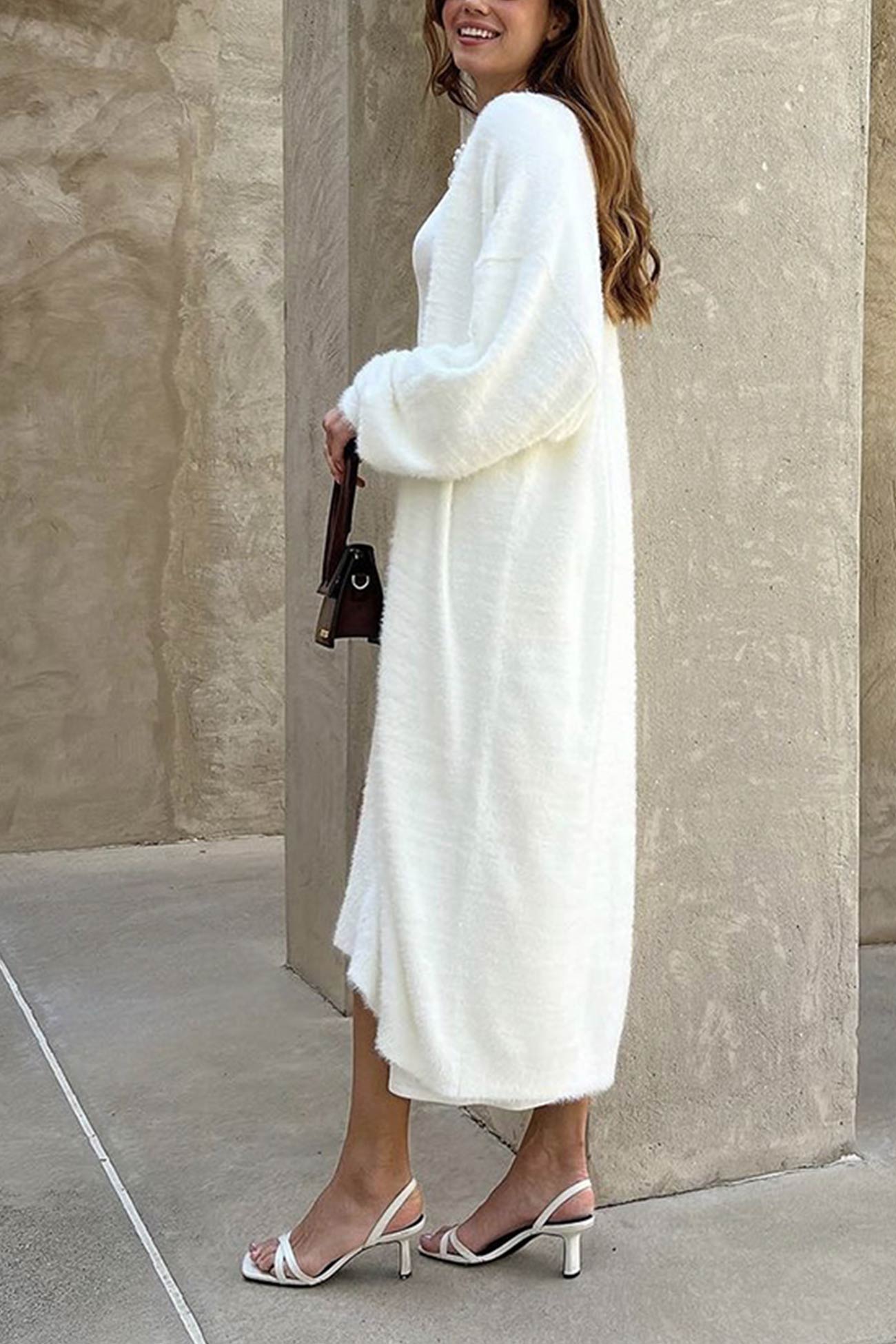 Solid Imitation Mink Tie Up Long Cardigan