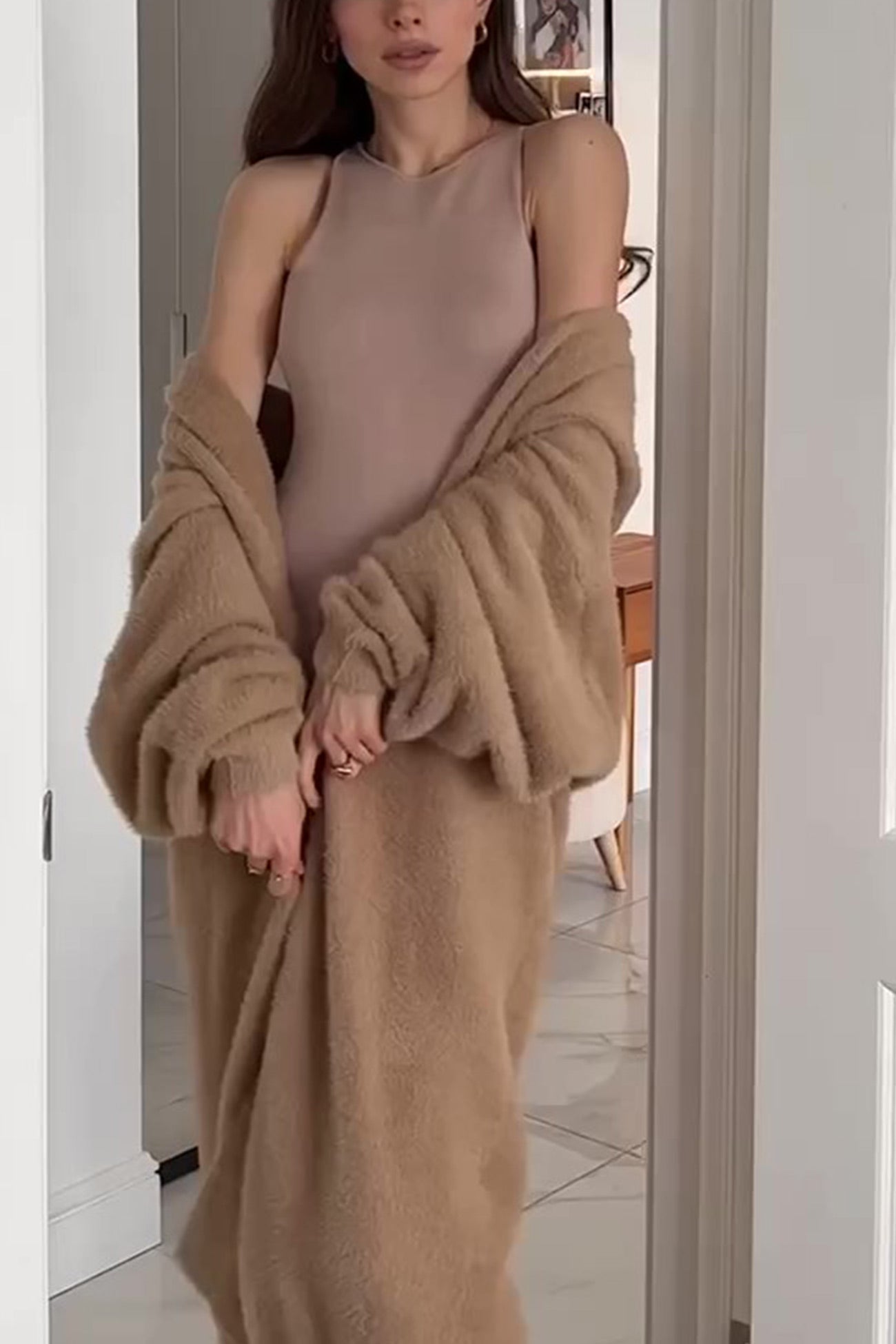 Solid Imitation Mink Tie Up Long Cardigan