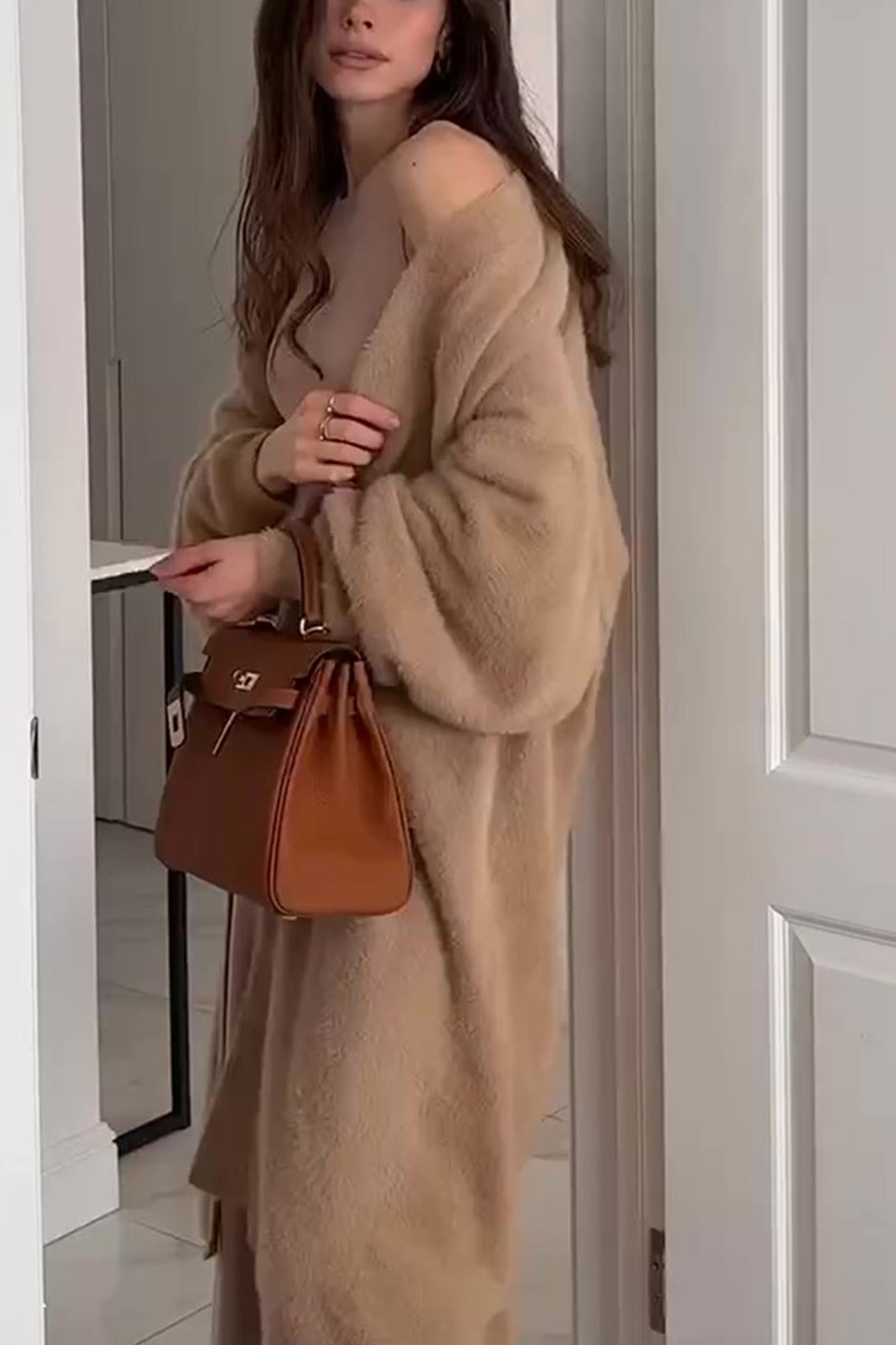 Solid Imitation Mink Tie Up Long Cardigan