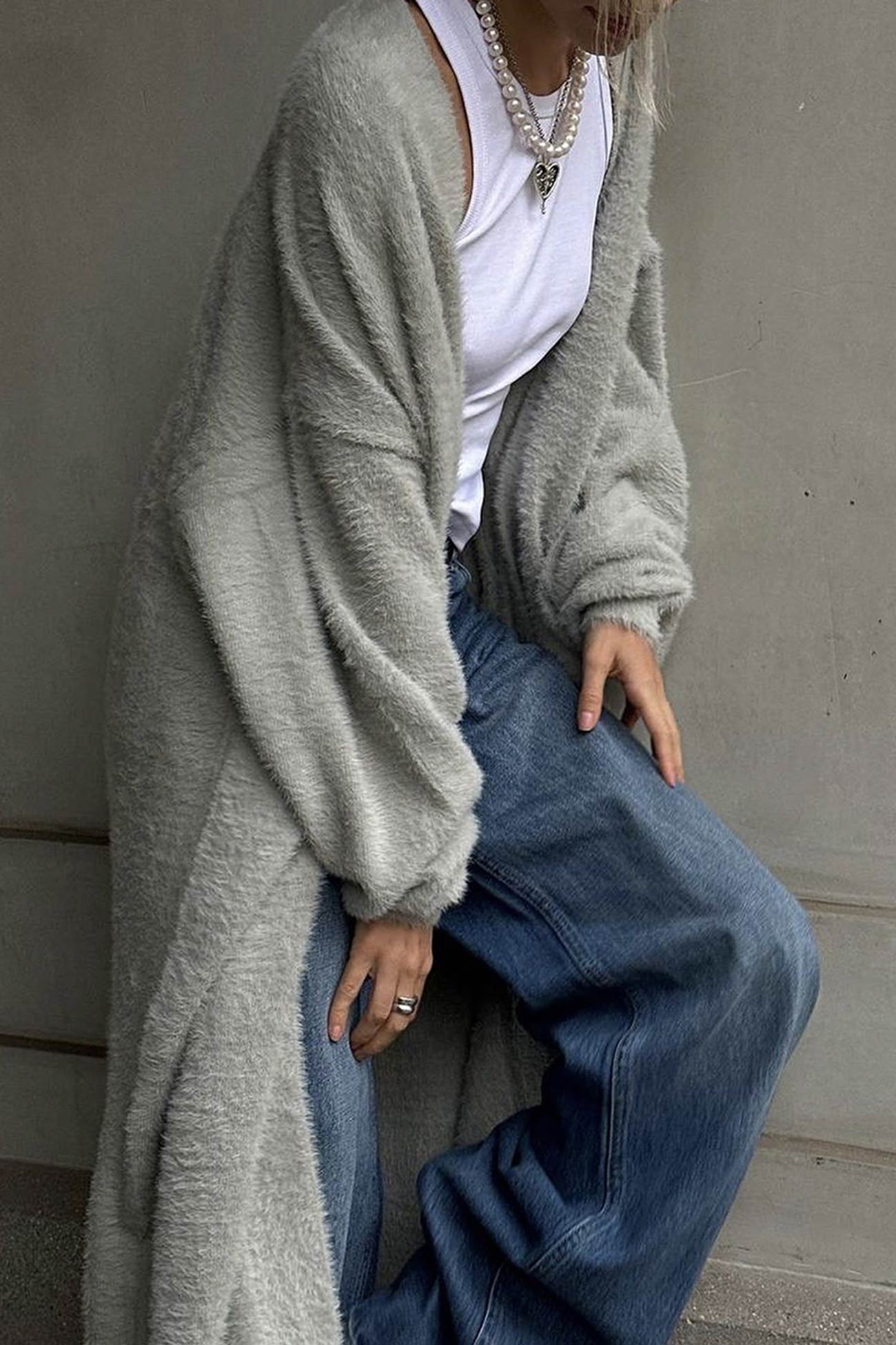 Solid Imitation Mink Tie Up Long Cardigan
