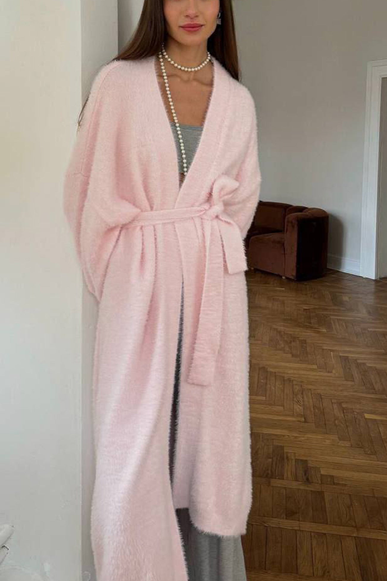 Solid Imitation Mink Tie Up Long Cardigan