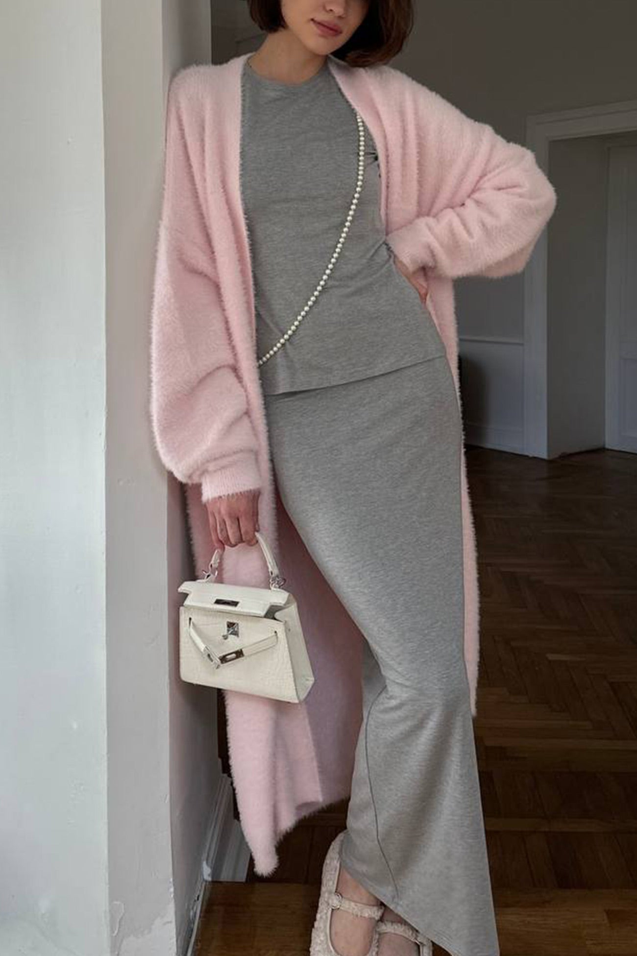 Solid Imitation Mink Tie Up Long Cardigan