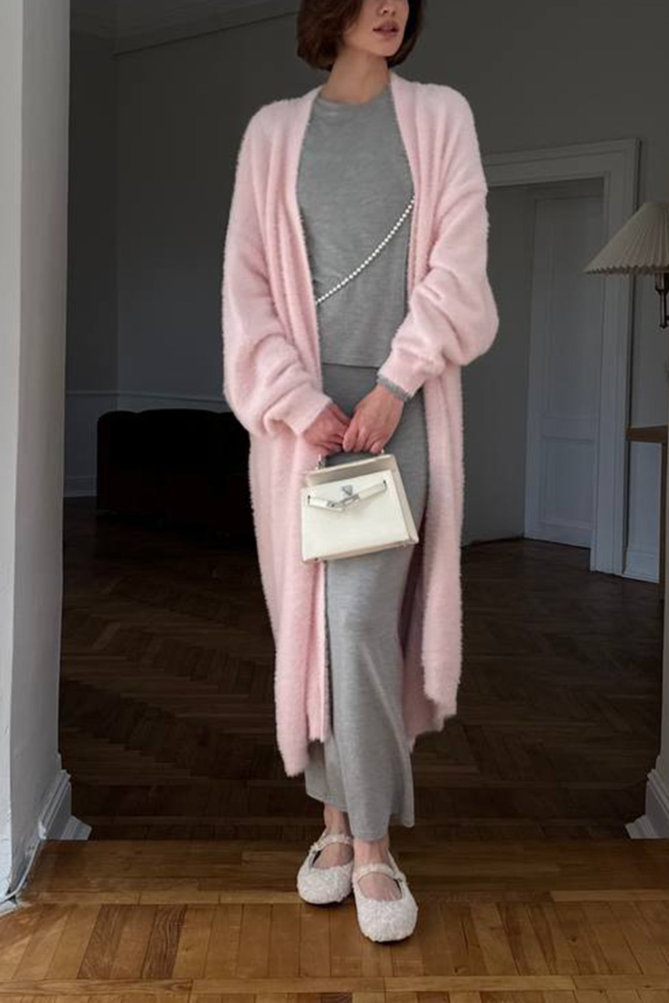 Solid Imitation Mink Tie Up Long Cardigan
