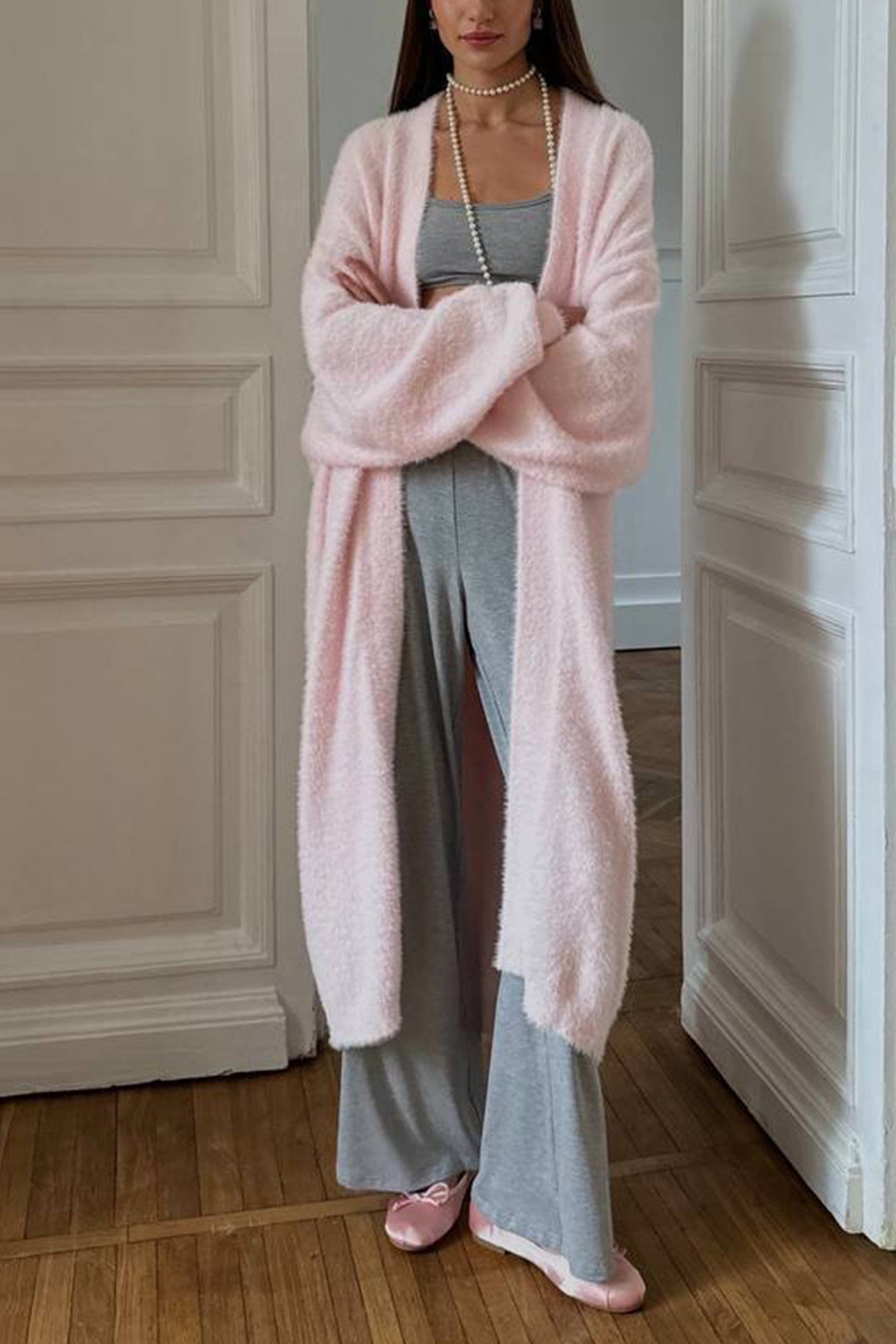 Solid Imitation Mink Tie Up Long Cardigan