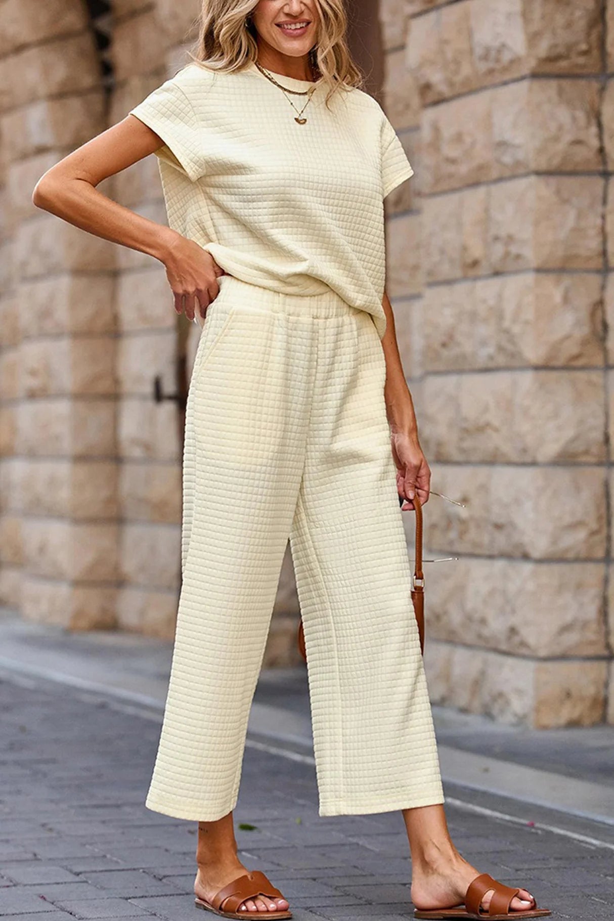 Solid Color Lattice Texture T-shirt Pants Set