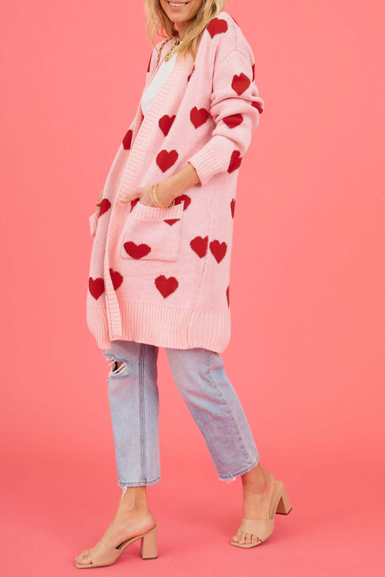 Heart Open Front Pocket Long Cardigan