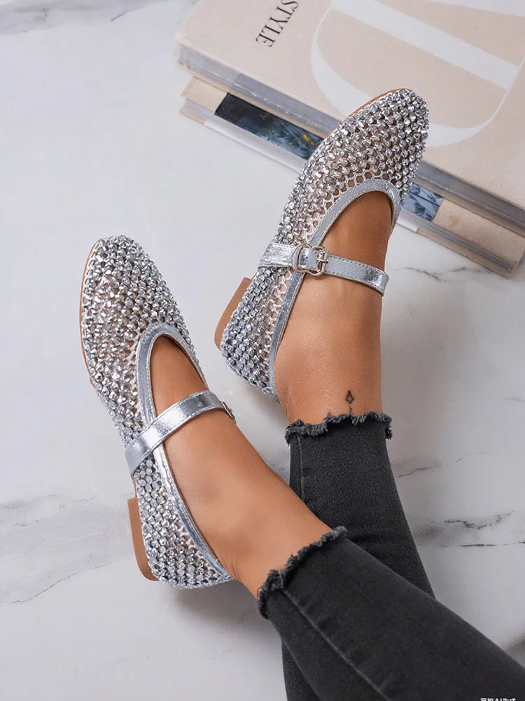Rhinestone Leather Ballet Flats