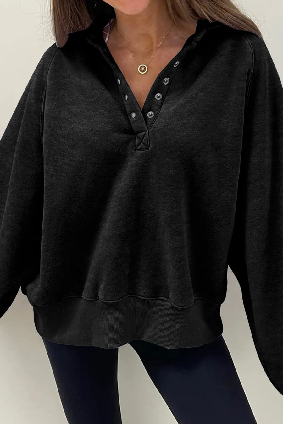 Buttons Balloon Sleeve Oversized Sweatshirt