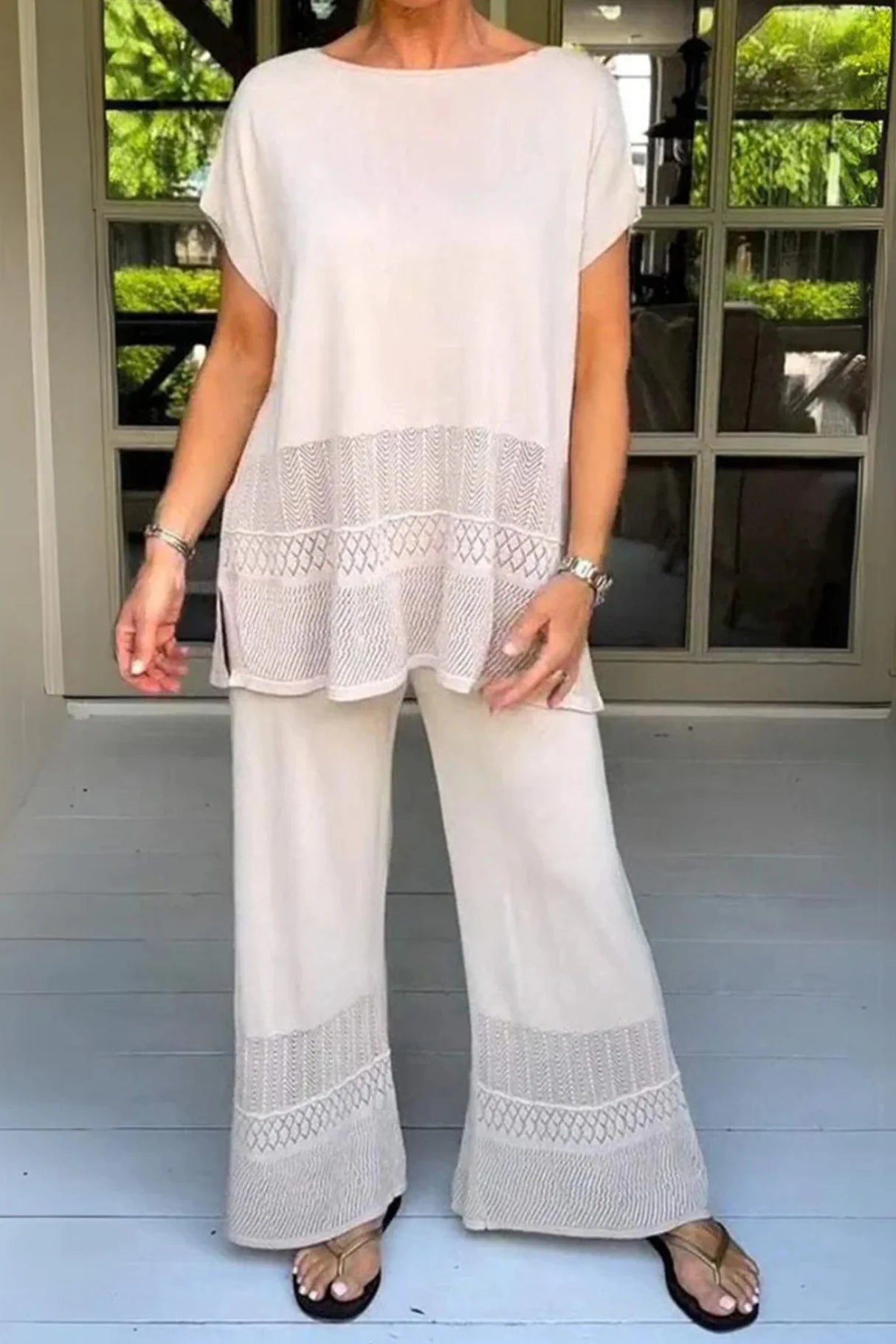 Solid Color Hollow Out Knit Two-piece Outfit